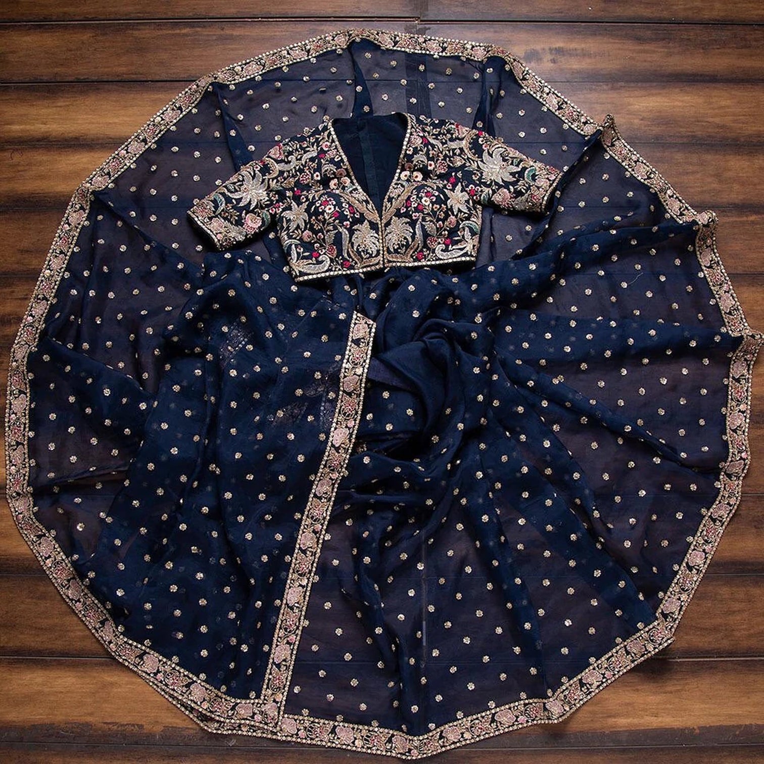 Blue Organza Saree with Heavy Embroidery work and Sequins Work