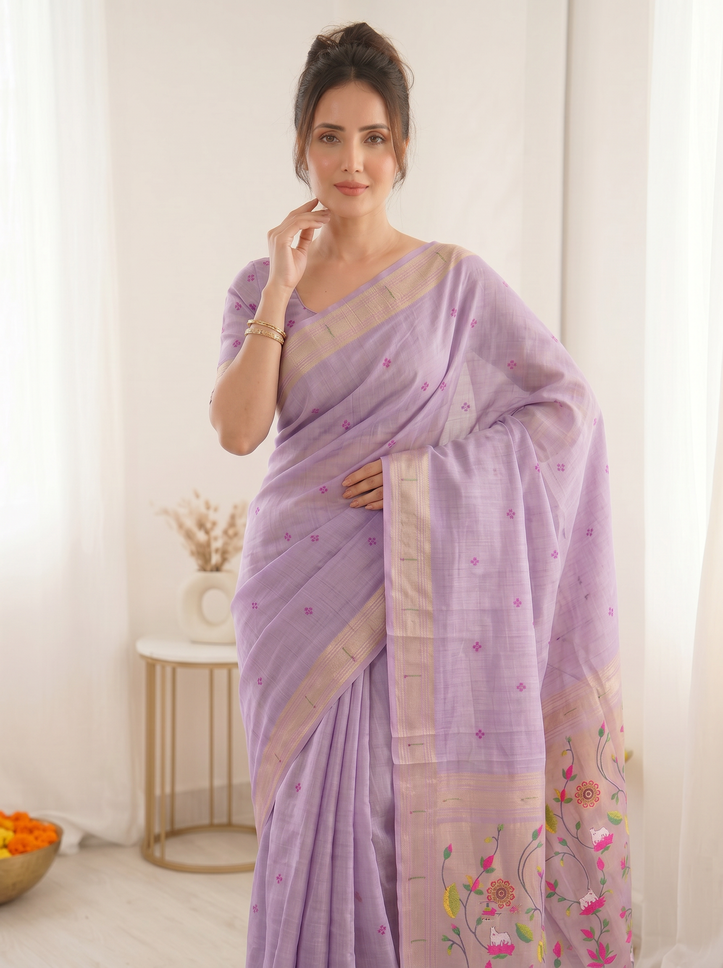 Lavender Premium Soft Muga Cotton Saree with Paithani Swan Meenakari Pallu