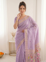Lavender Premium Soft Muga Cotton Saree with Paithani Swan Meenakari Pallu