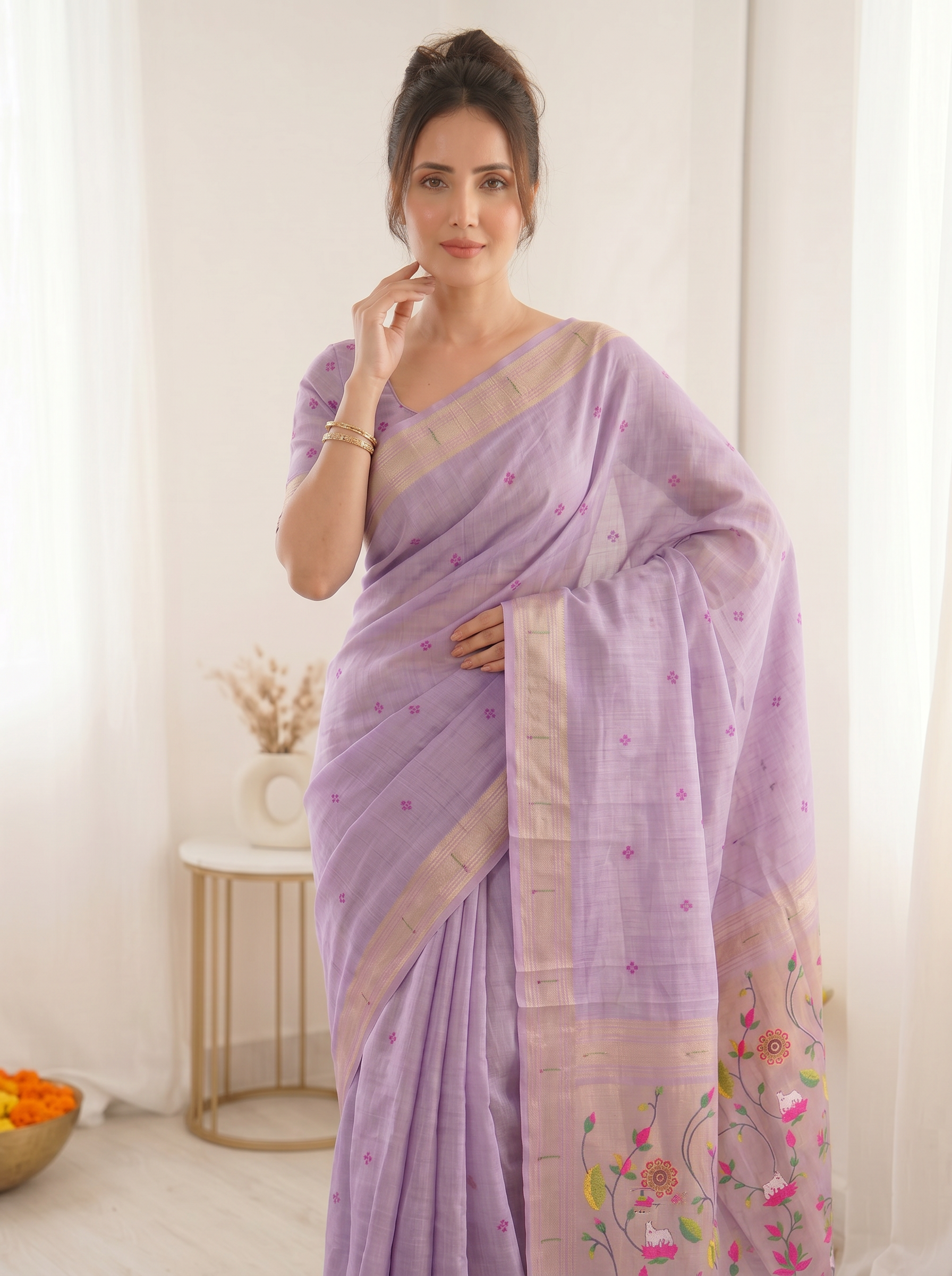 Lavender Premium Soft Muga Cotton Saree with Paithani Swan Meenakari Pallu
