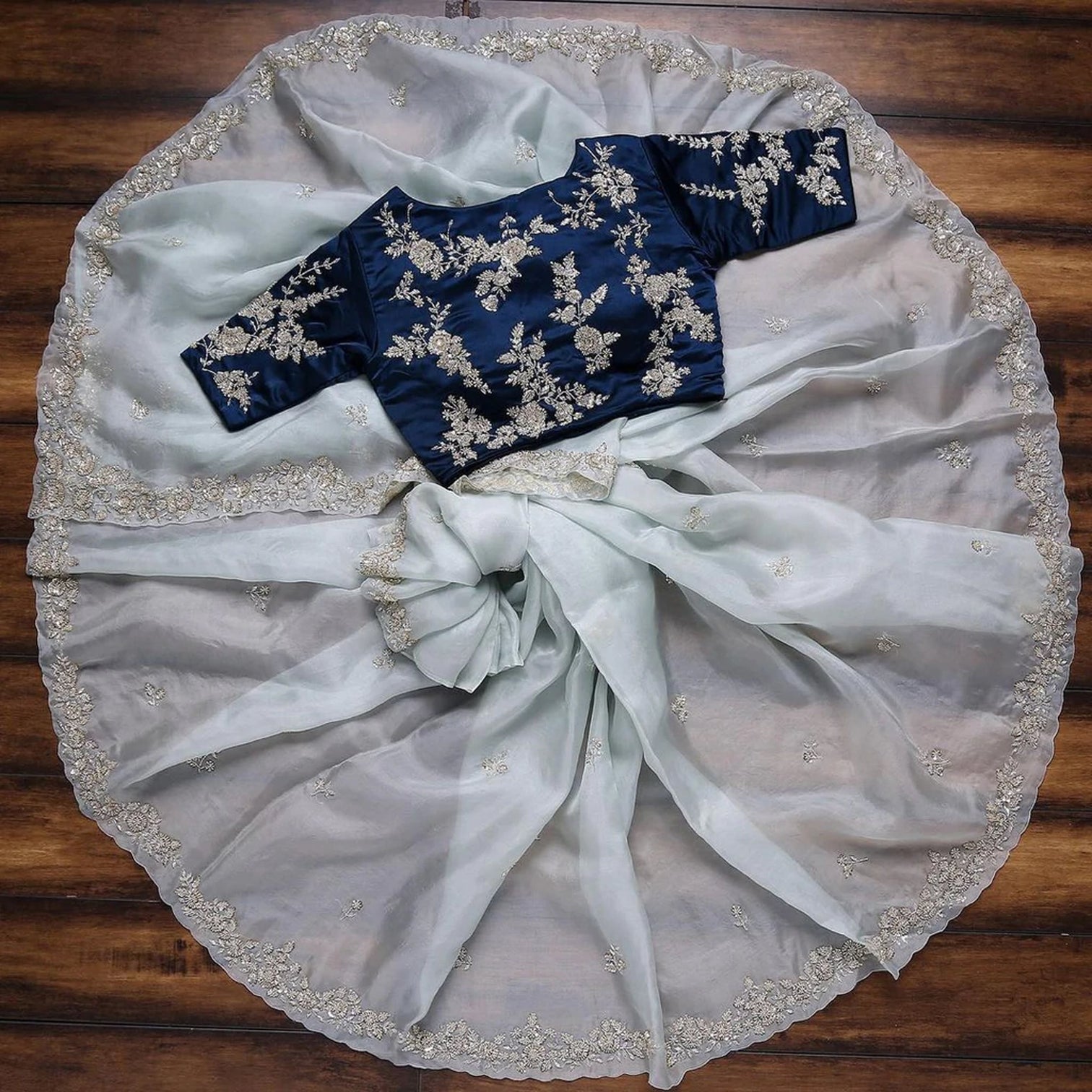 Blue Organza Saree with Heavy Embroidery work and Unstitched Blouse