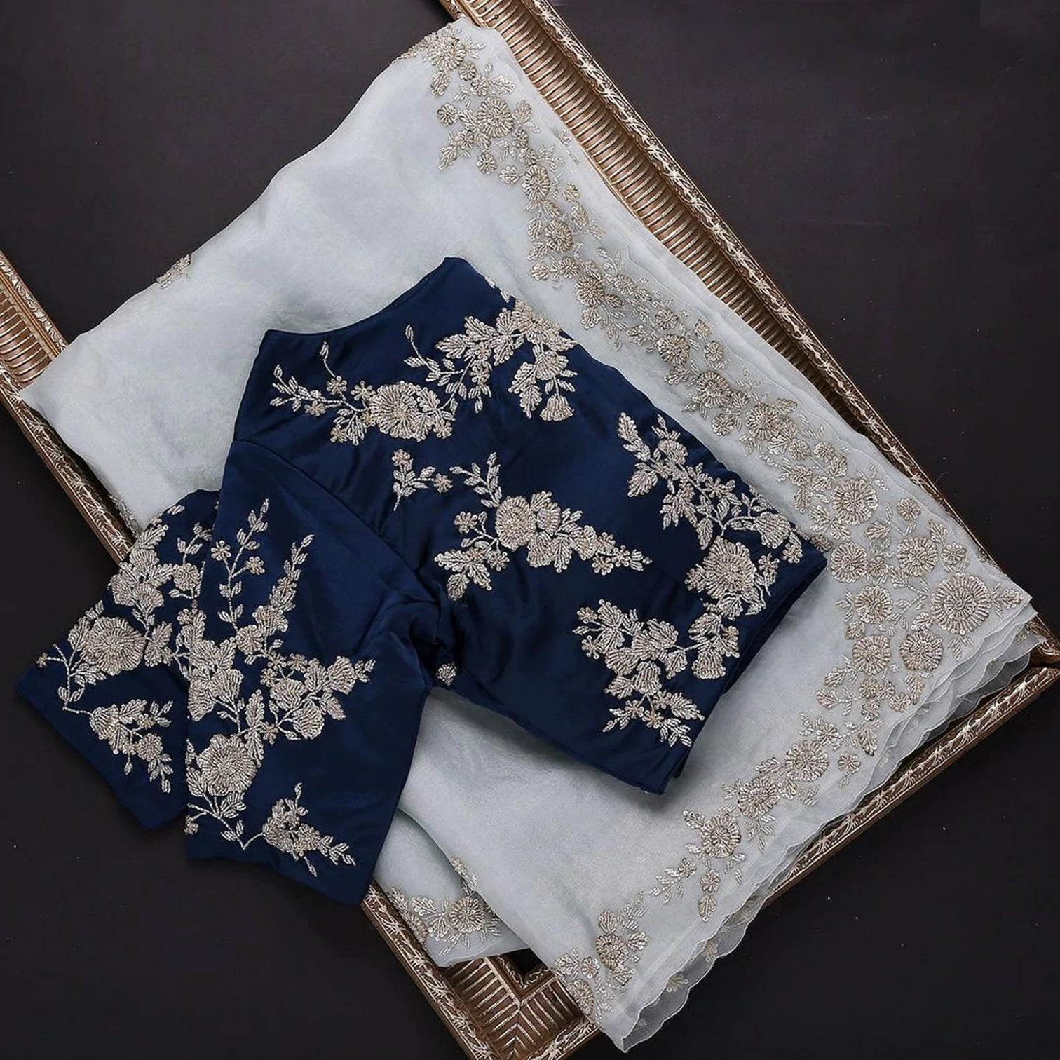 Blue Organza Saree with Heavy Embroidery work and Unstitched Blouse