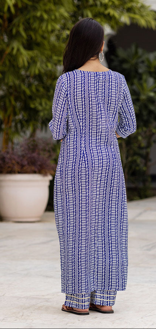 Breezy Blue Muslin Kurti Set with Printed Design - Designer Readymade