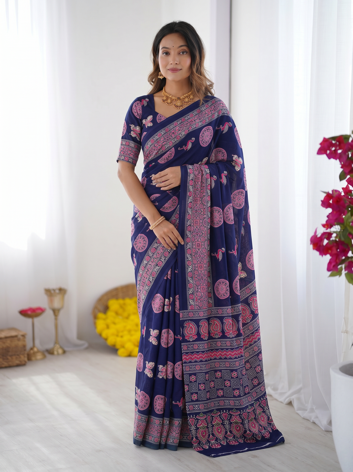Navy blue modal silk saree with paisley circular motif print designer heritage pallu saree for festive wear mameraa