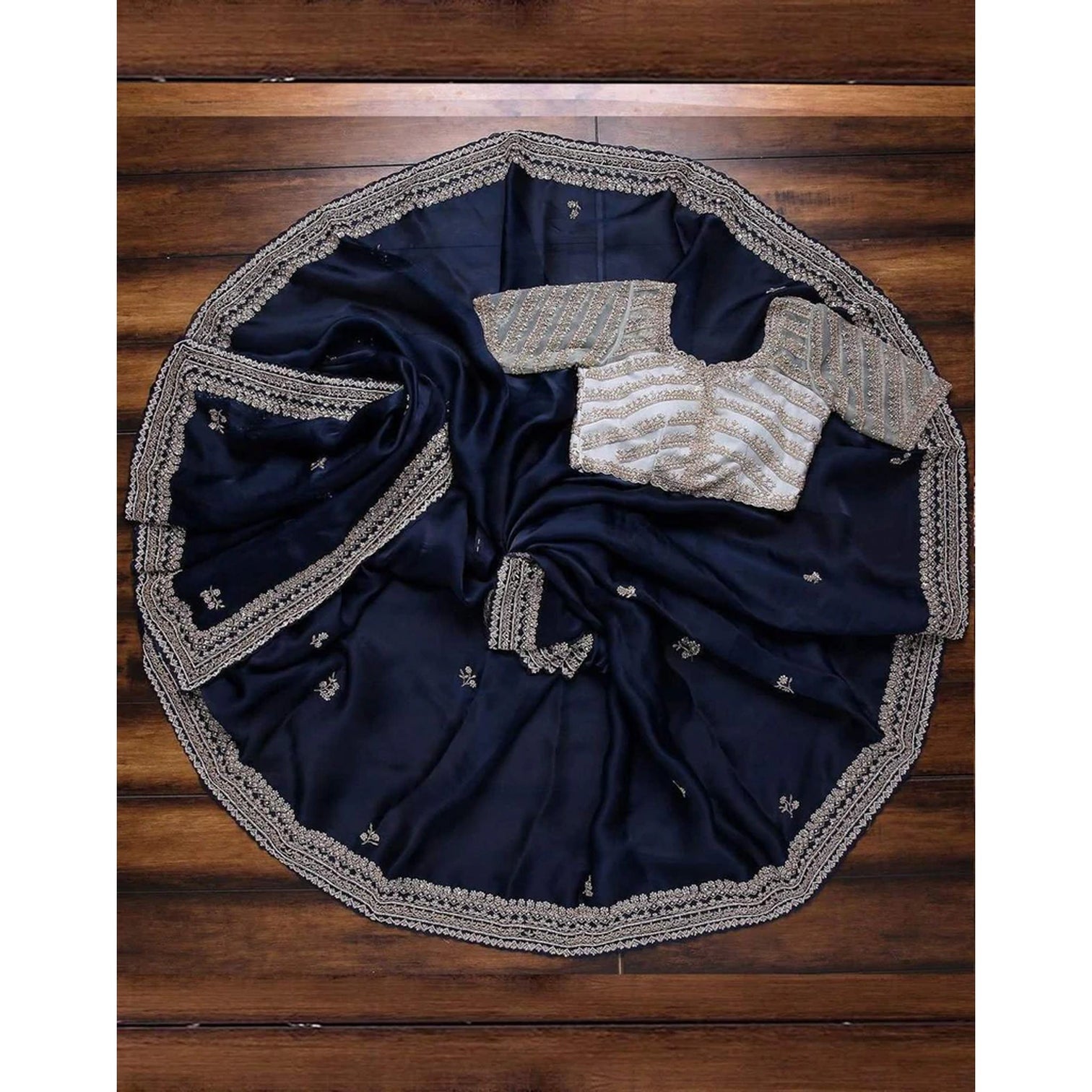 Blue Organza Silk Saree with Grey Blouse and Heavy Embroidery Work