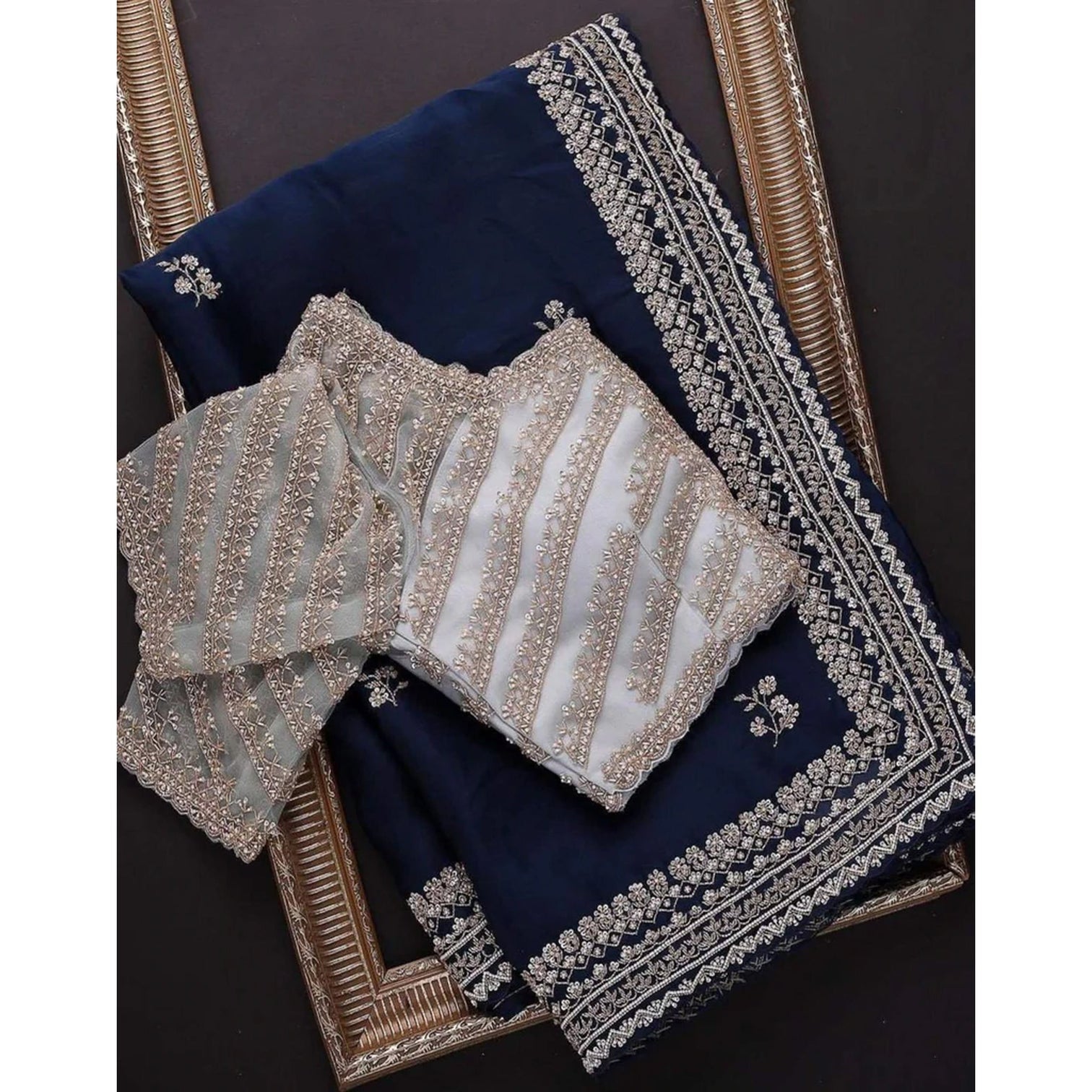Blue Organza Silk Saree with Grey Blouse and Heavy Embroidery Work