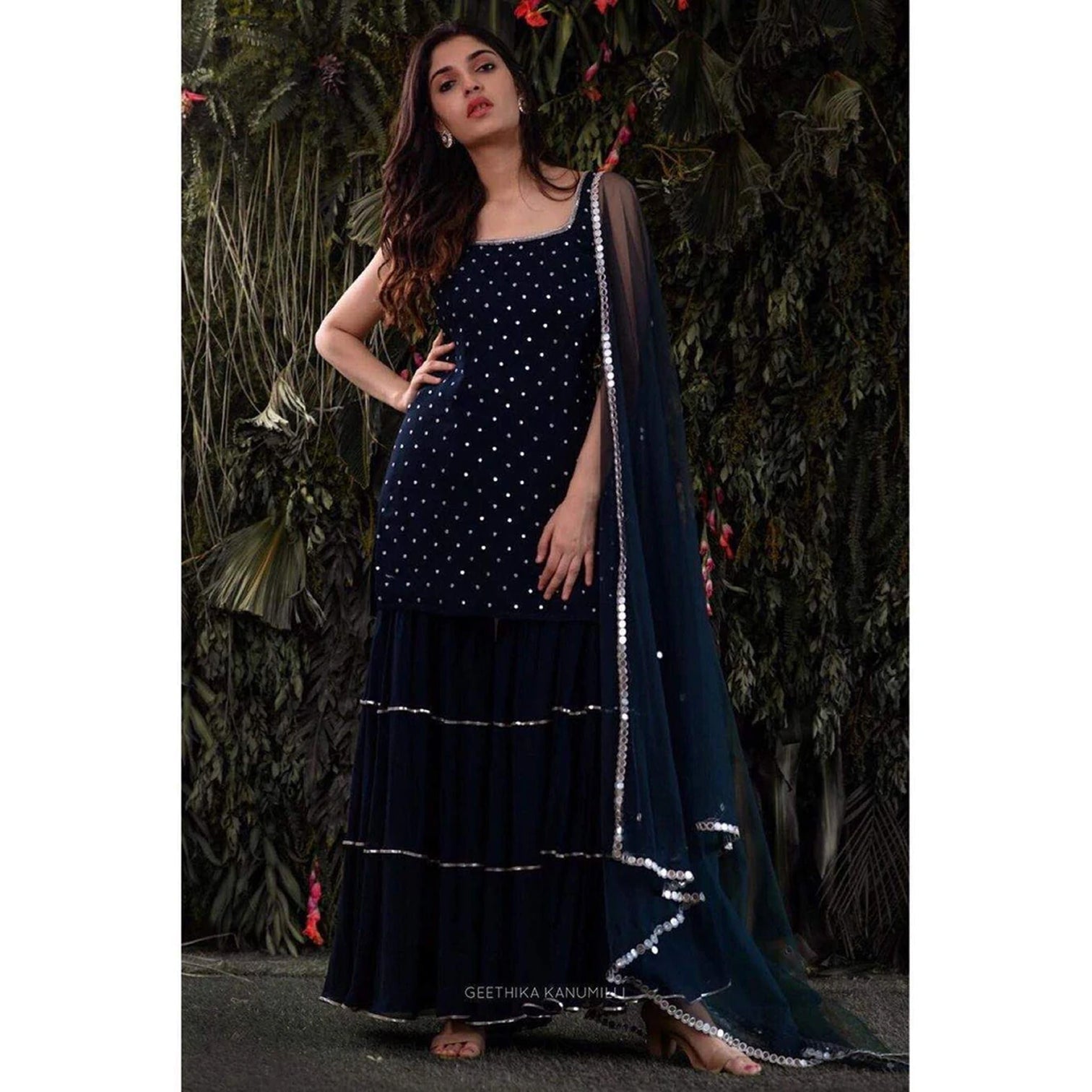 Blue Sharara set In Georgette with Mukesh Work Dupatta