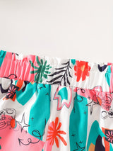 Girls Teal Ribbed Sleeveless Crop Top & Multicolor Printed Pants Set