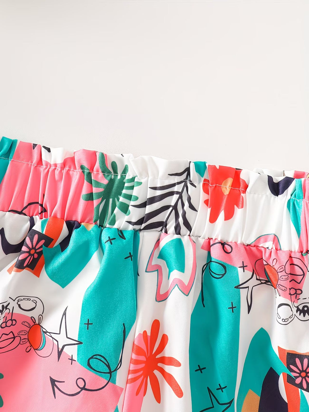 Girls Teal Ribbed Sleeveless Crop Top & Multicolor Printed Pants Set