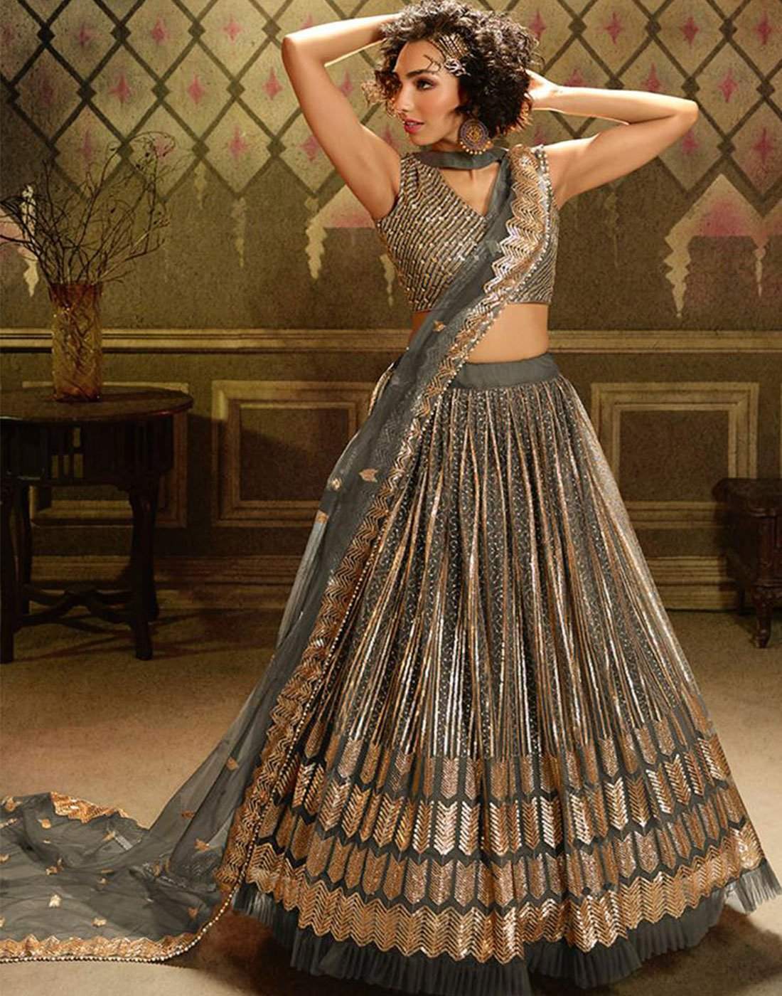 Lehenga Choli in Grey Color and Net with Heavy Sequence Work
