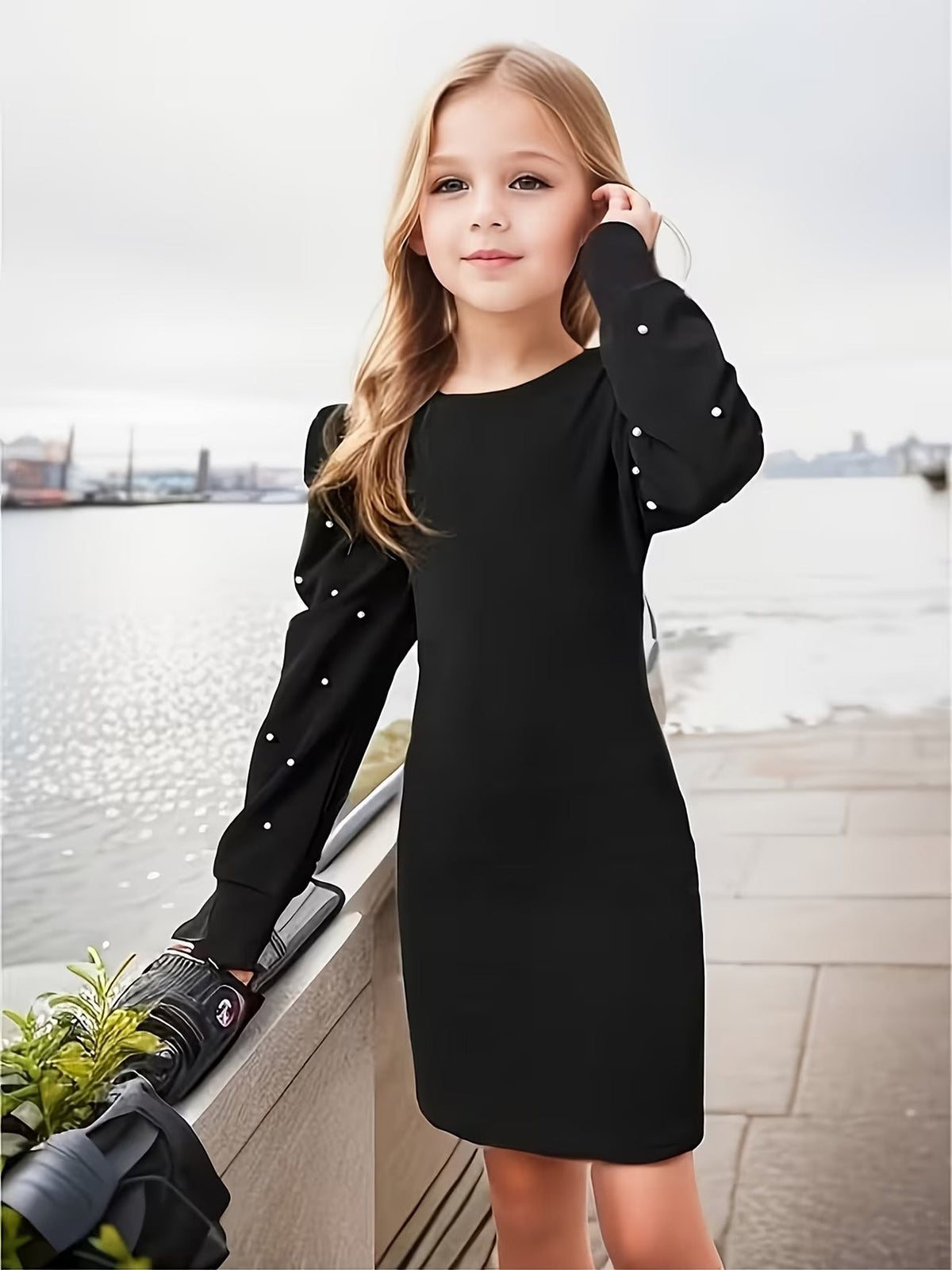 Girls Black Pearl Embellished Puff Sleeve Bodycon Dress