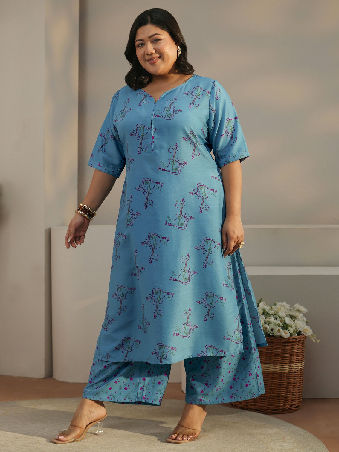 Plus Size Blue Printed Rayon Straight Kurta With Palazzos & Dupatta