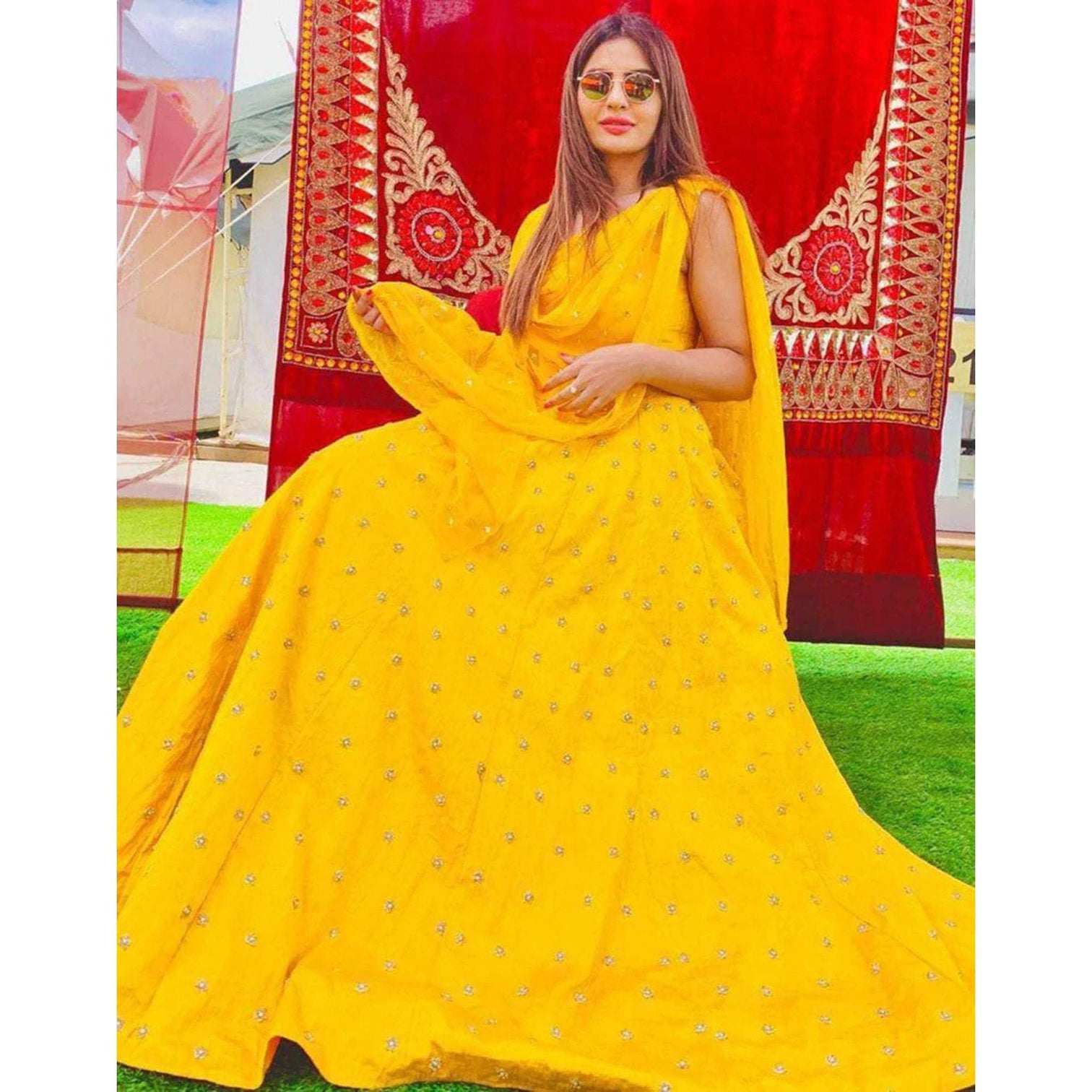 Bright Yellow Lehenga Choli with Bangalore Silk Fabrics and Pearl Work Dupatta
