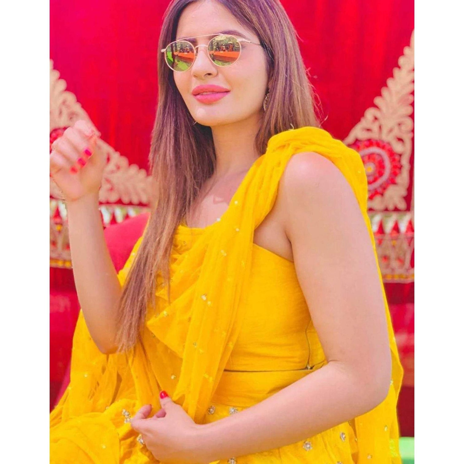 Bright Yellow Lehenga Choli with Bangalore Silk Fabrics and Pearl Work Dupatta