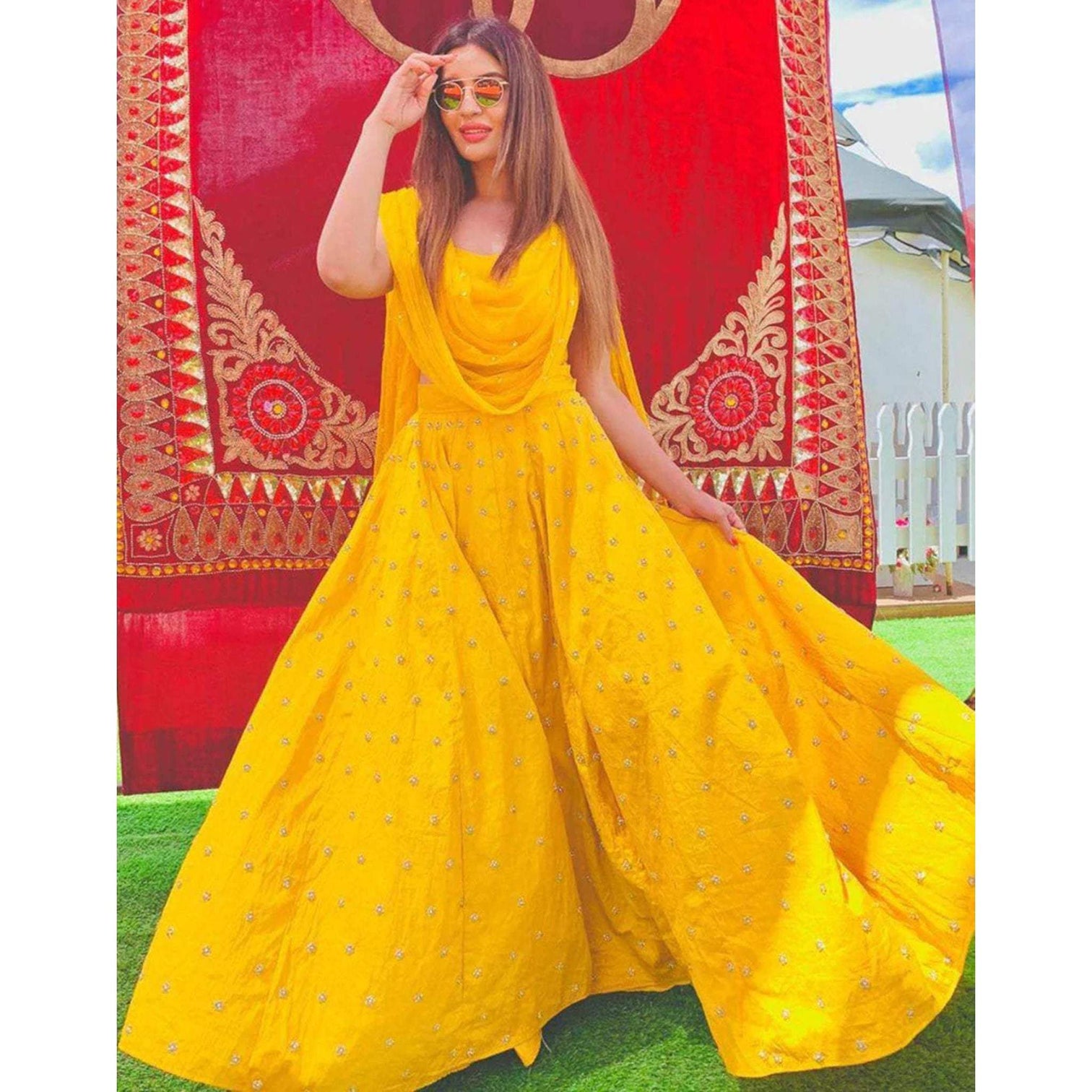 Bright Yellow Lehenga Choli with Bangalore Silk Fabrics and Pearl Work Dupatta