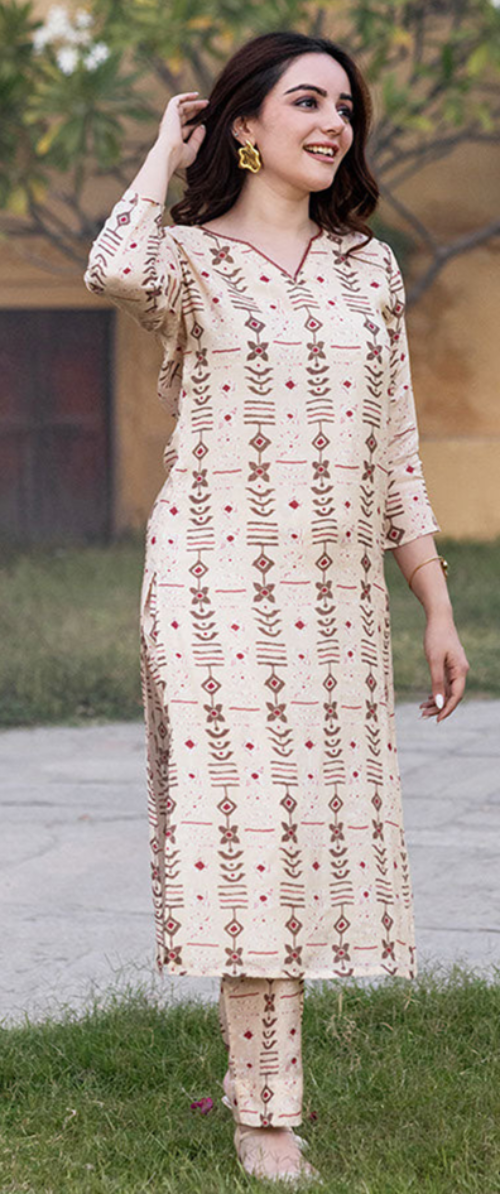 Cream Printed Muslin Kurti with Crepe Lining