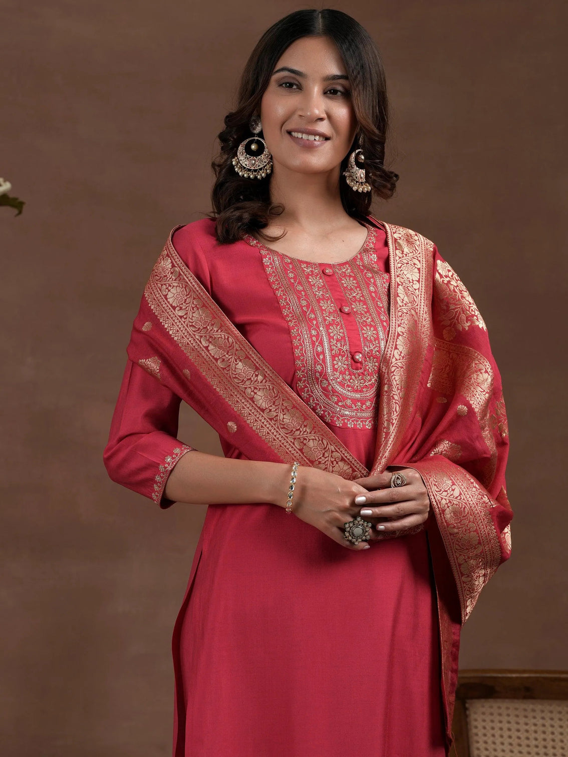 Mameraa Pink Yoke Design Silk Blend Straight Suit With Dupatta