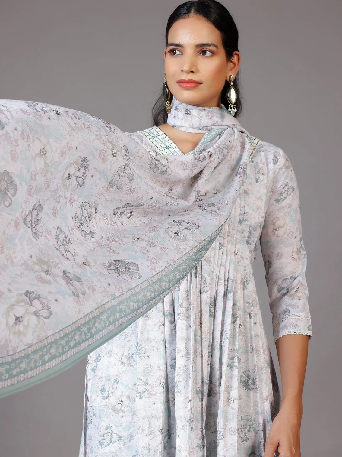 Mameraa Off White Printed Cotton Blend A-Line Kurta With Palazzos & Dupatta