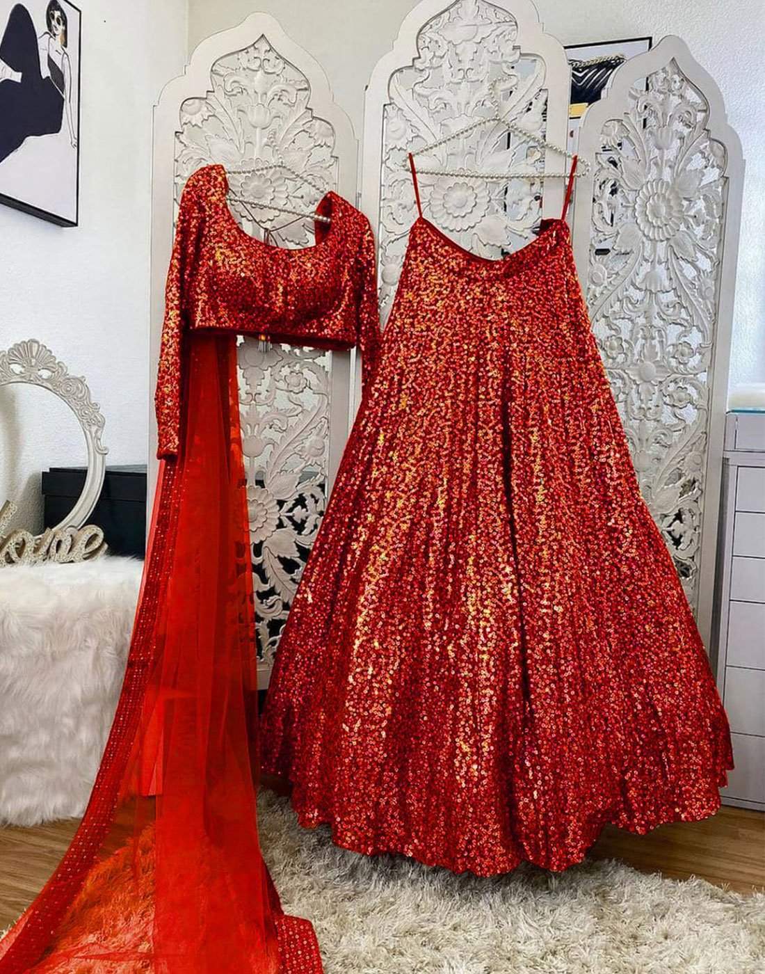 Red Bridal Lehenga Choli with Heavy Sequence Embroidery Work