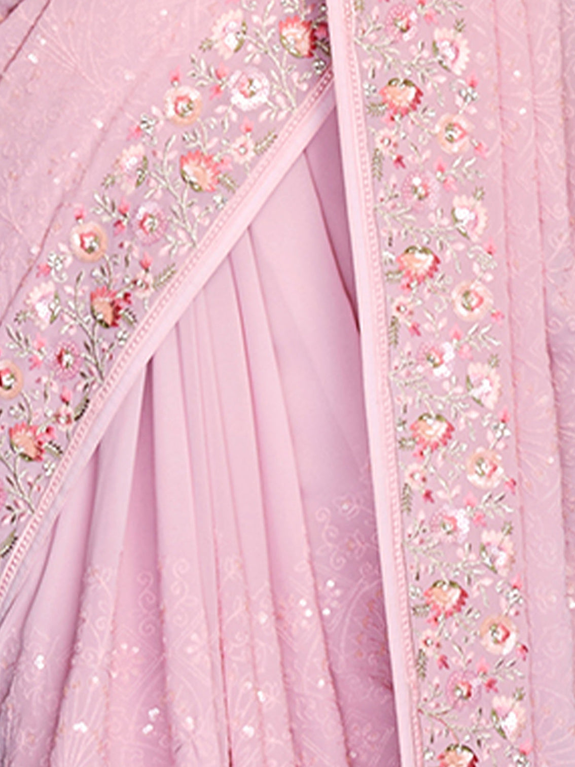 Pink Georgette Embroidered Saree With Unstitched Blouse