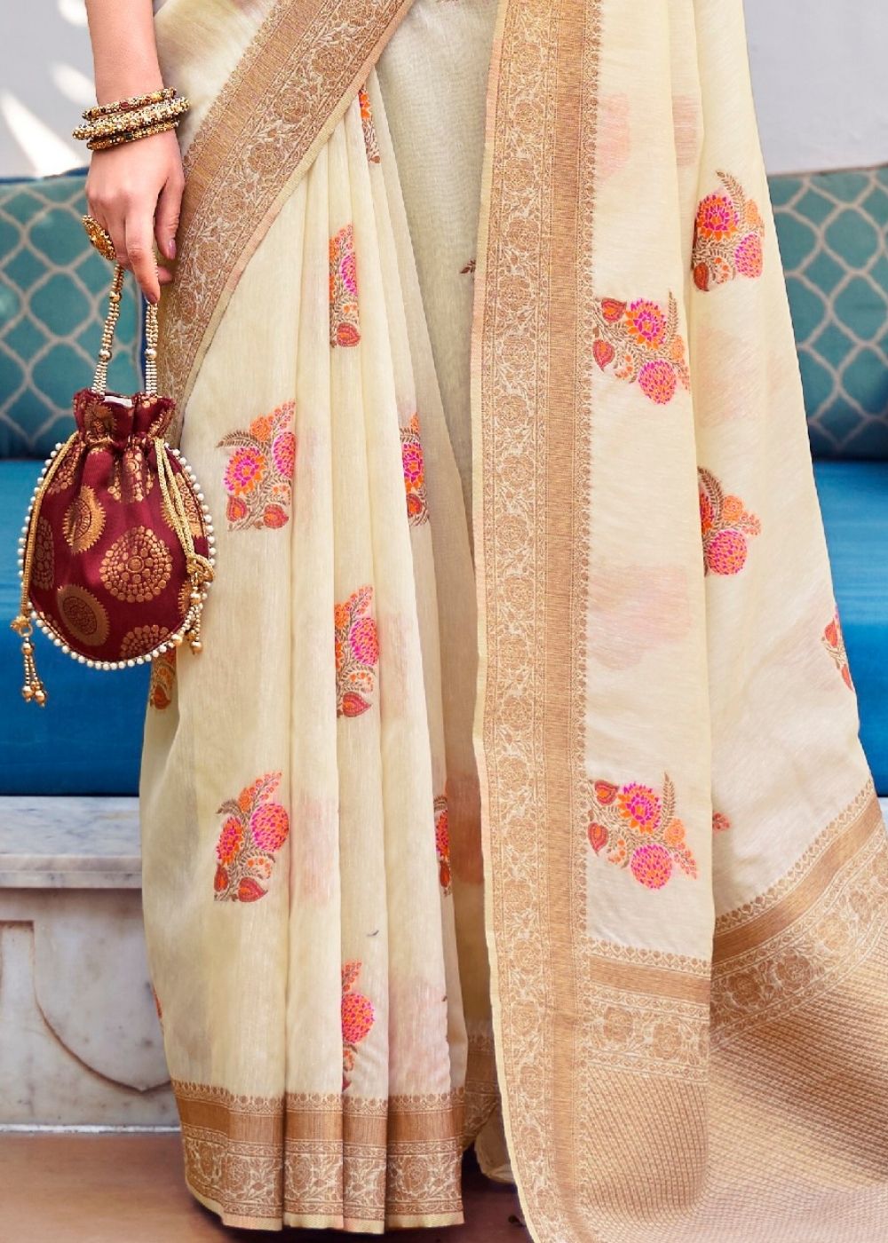 Light Cream Pure Linen Woven Silk Saree with Zari work on Border and Pallu