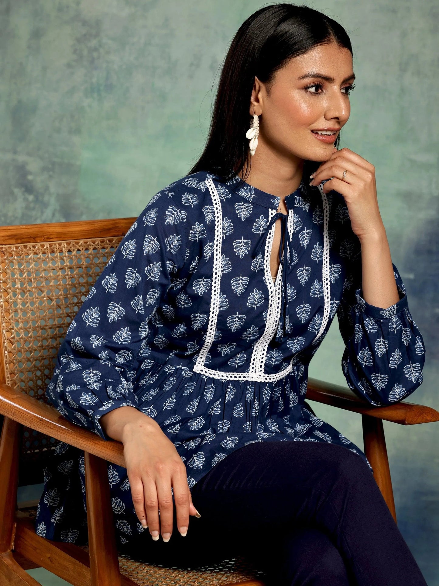 Libas Blue Yoke Design Cotton A-Line Kurti