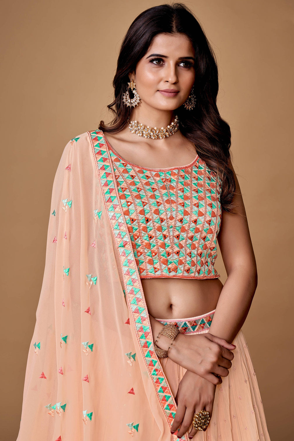Peach Thread Work Georgette Reception Wear Lehenga Choli