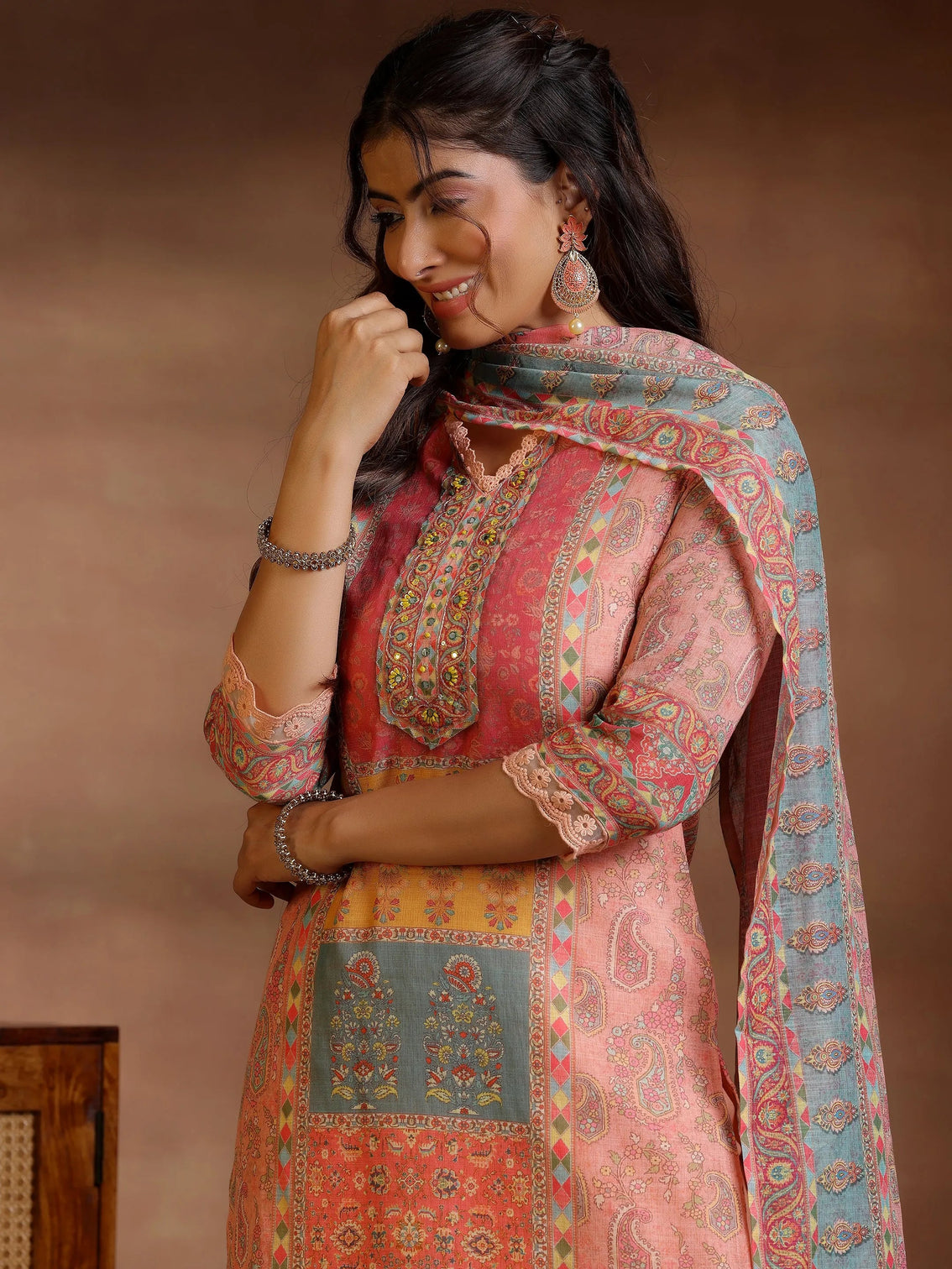 Mameraa Peach Printed Cotton Blend Straight Suit With Dupatta