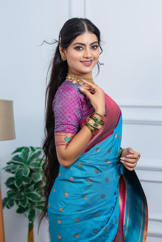 Turquoise Blue Paithani Silk Saree with Golden Zari Butti, Pink Border & Designer Pallu