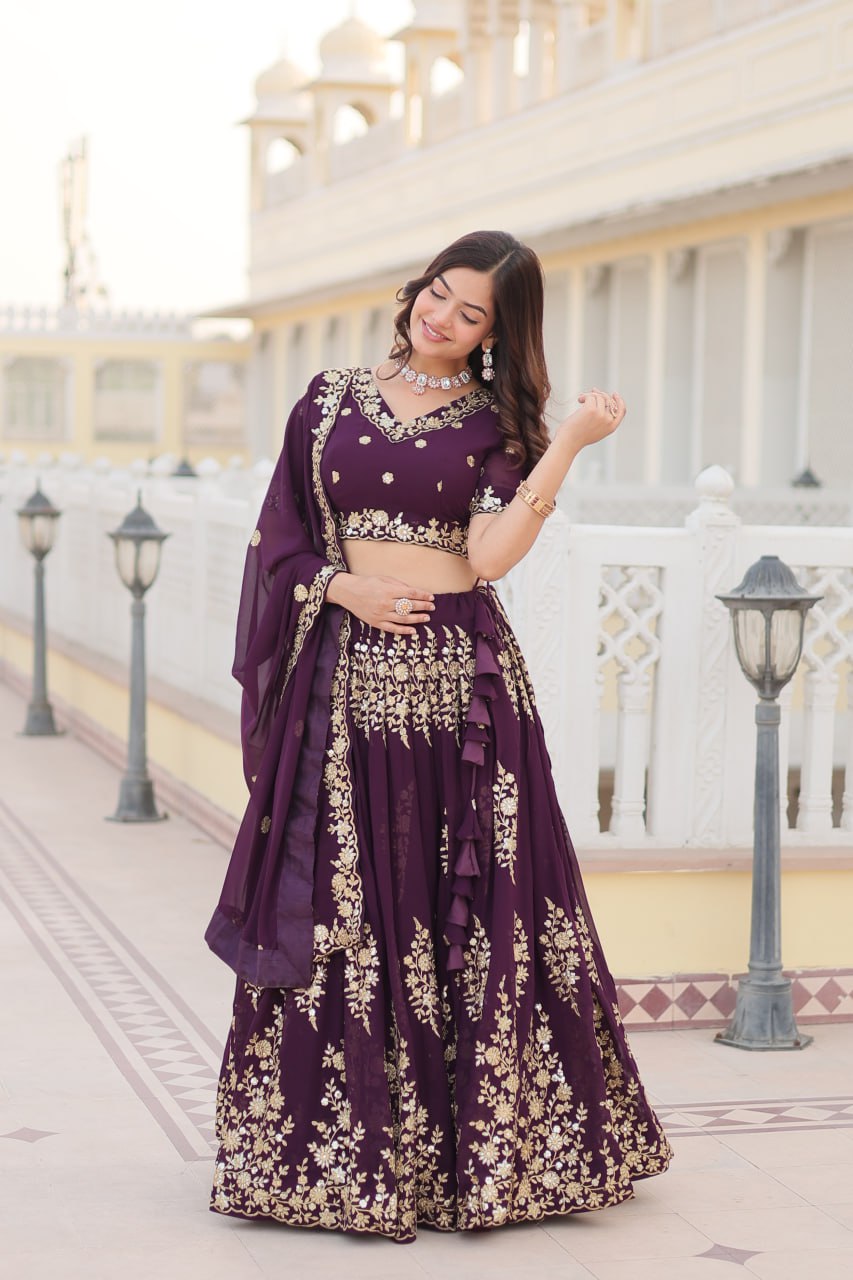 Faux Blooming PuGeorgette rple Lehenga Choli Set with Heavy Embroidered Work
