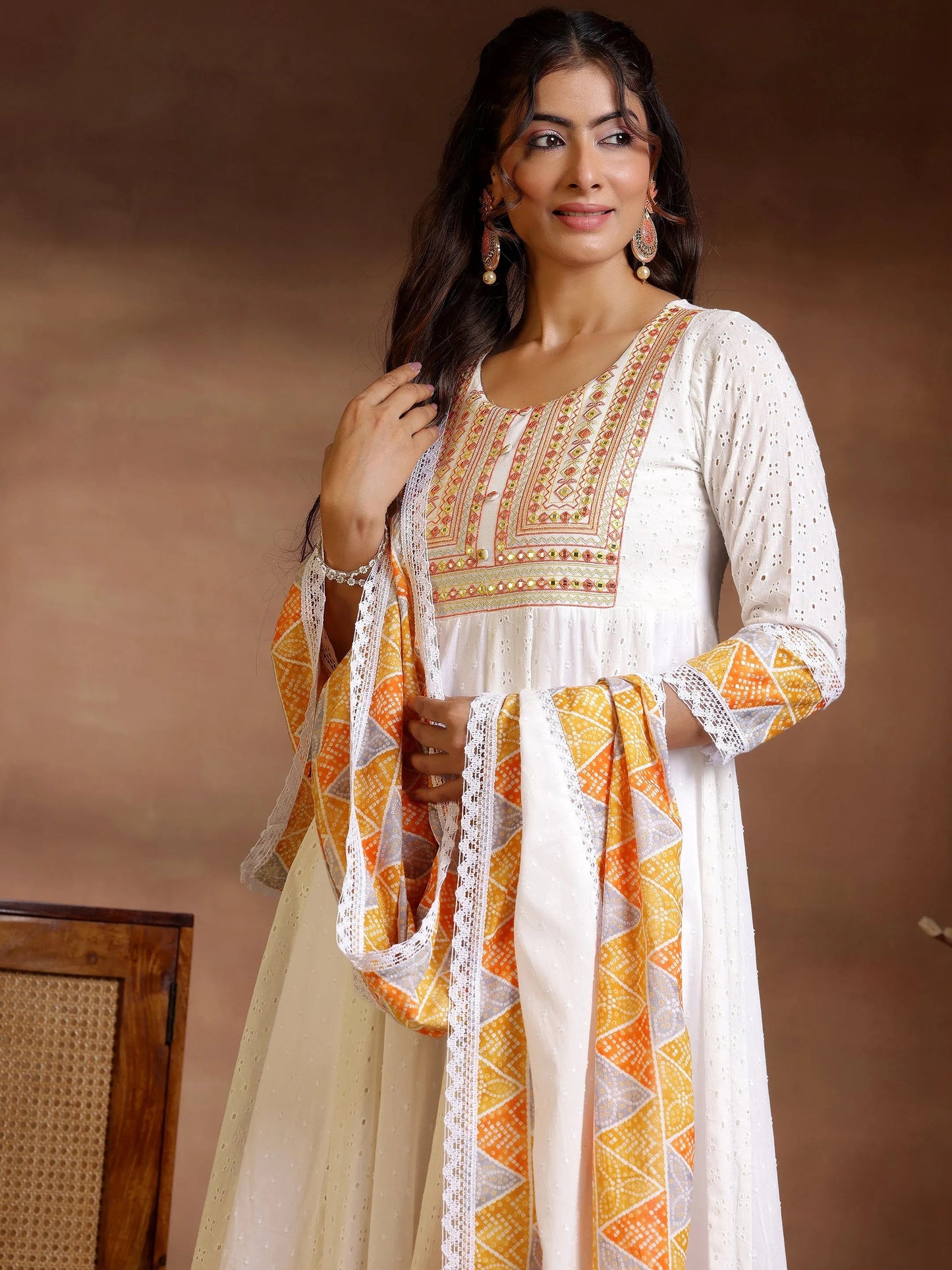 Libas White Self Design Cotton Anarkali Suit With Dupatta