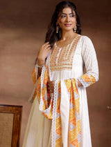 Libas White Self Design Cotton Anarkali Suit With Dupatta