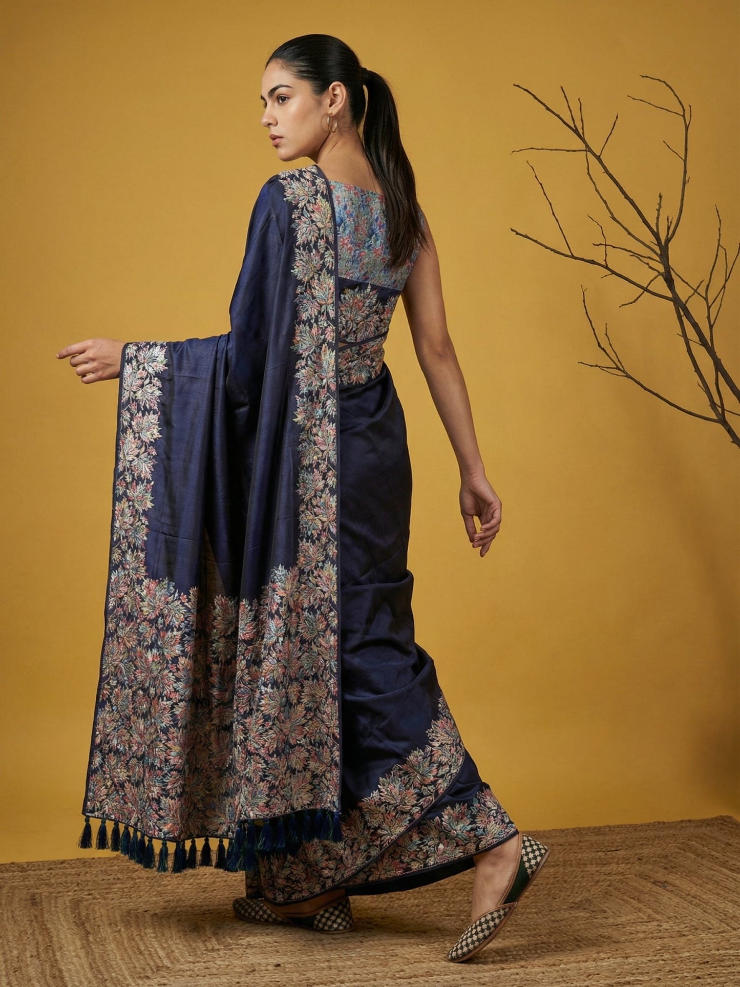 Soft Silk Printed Floral Saree with Rainbow Zari Woven Pallu and Contrast Blouse Festive Party Wear Saree