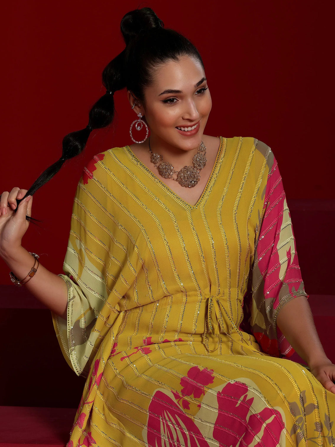 Mameraa Art Yellow Printed Poly Georgette 3 Piece Co-Ords