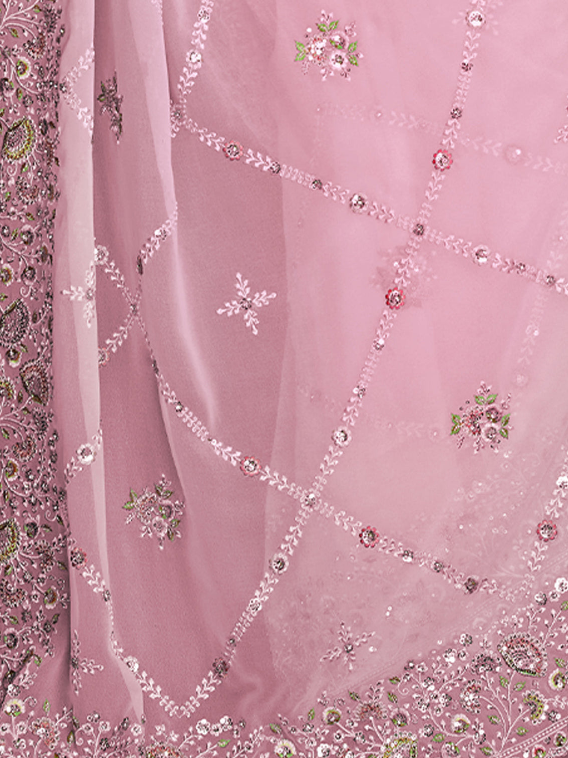 Pink Georgette Embroidered Saree With Unstitched Blouse