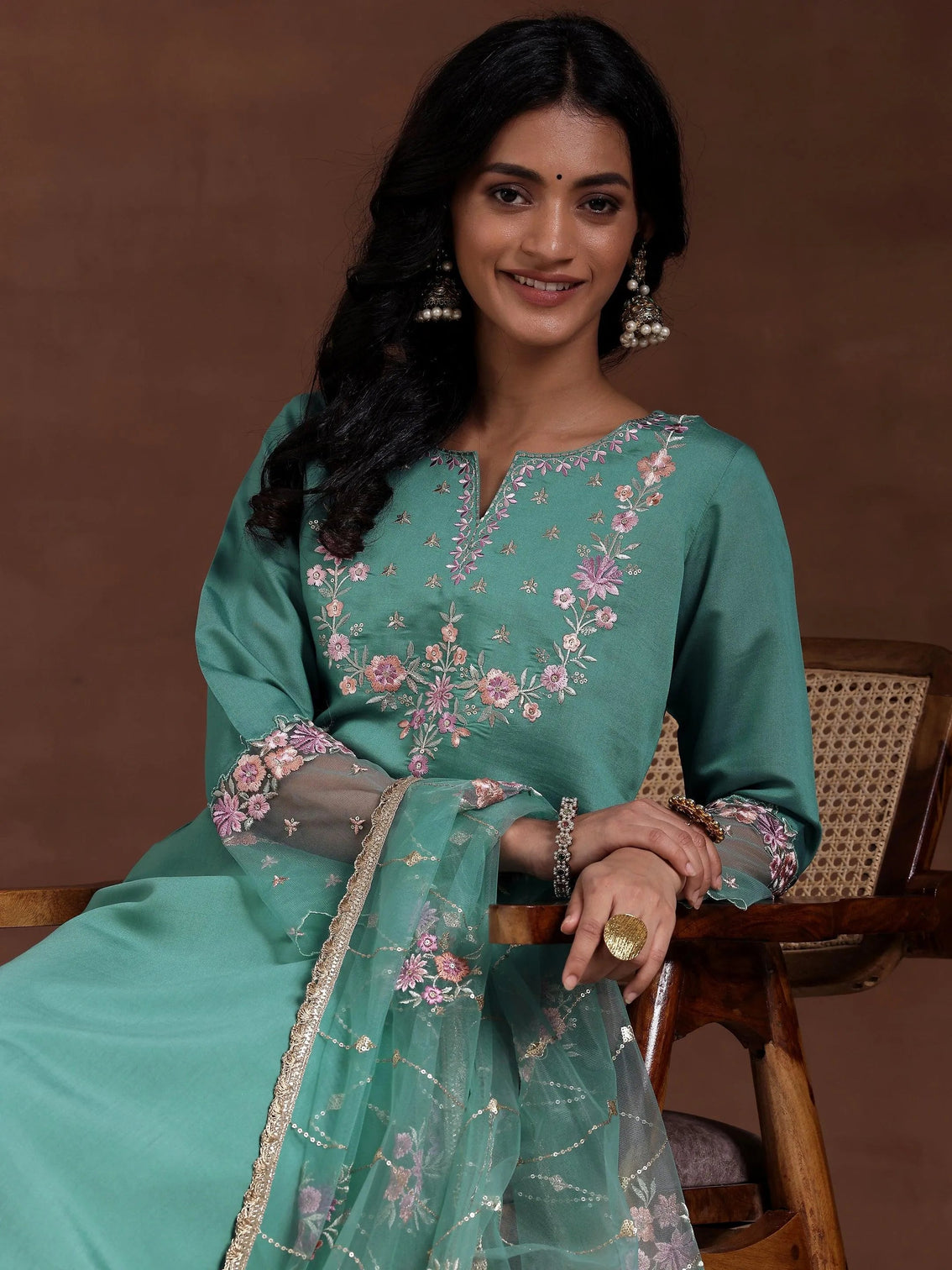 Mameraa Green Yoke Design Silk Blend Straight Suit With Dupatta