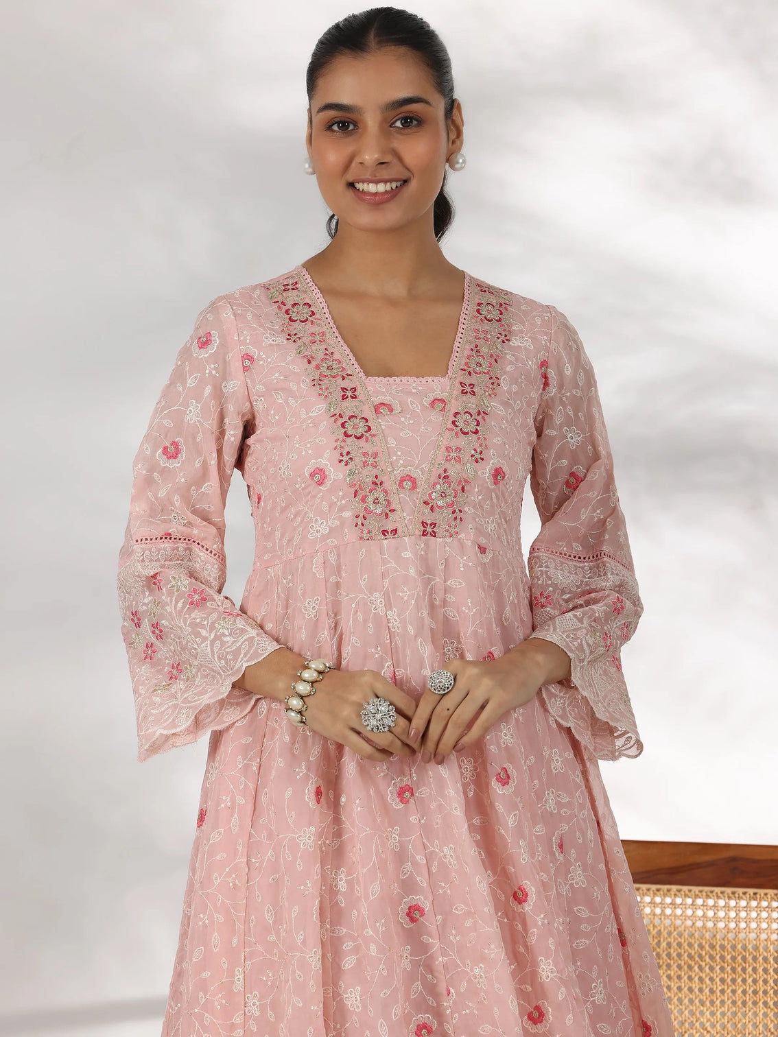 Mameraa Pink Embroidered Organza Anarkali Suit With Dupatta