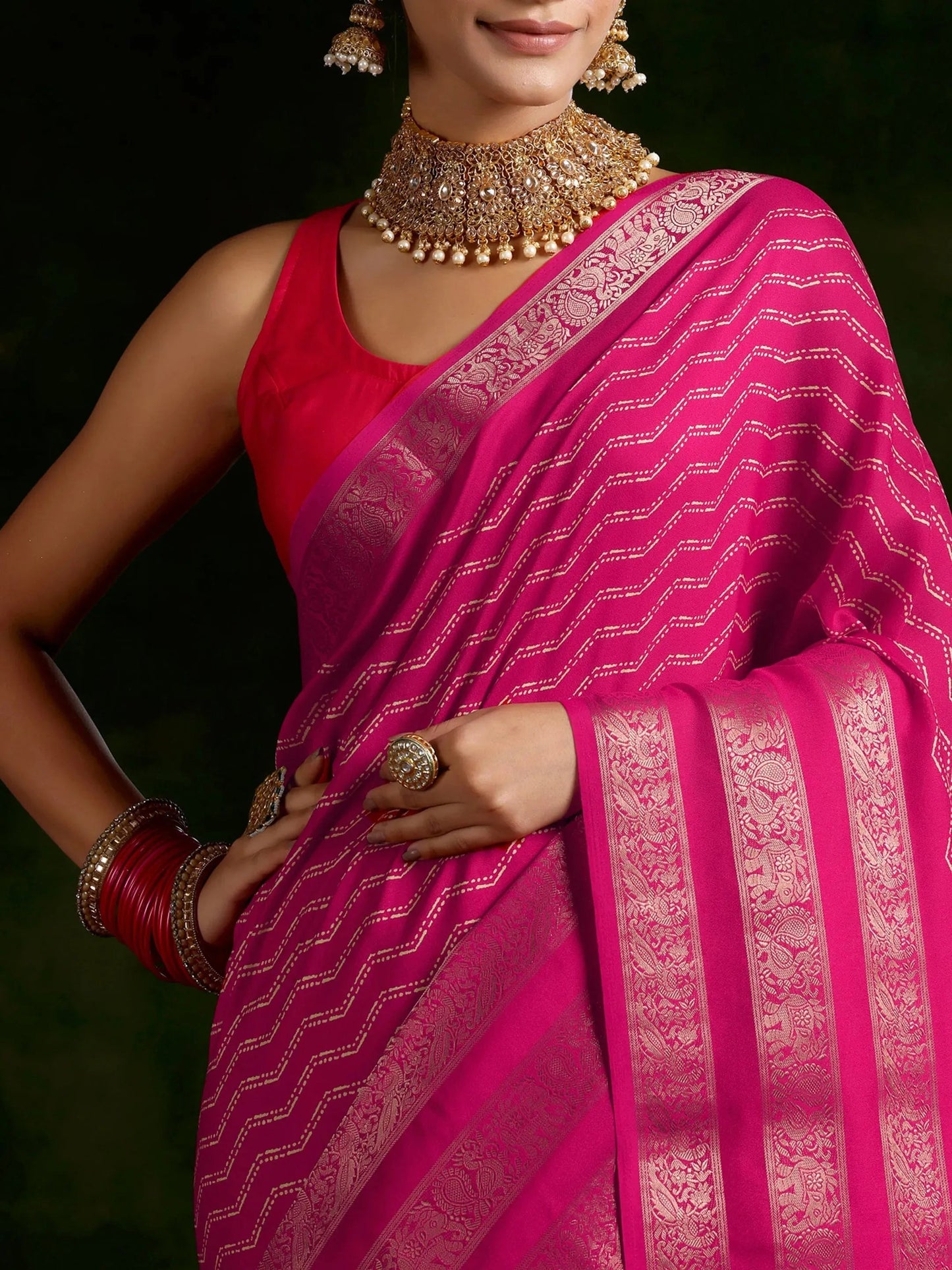 Libas Pink Printed Silk Blend Saree With Unstitched Blouse Piece