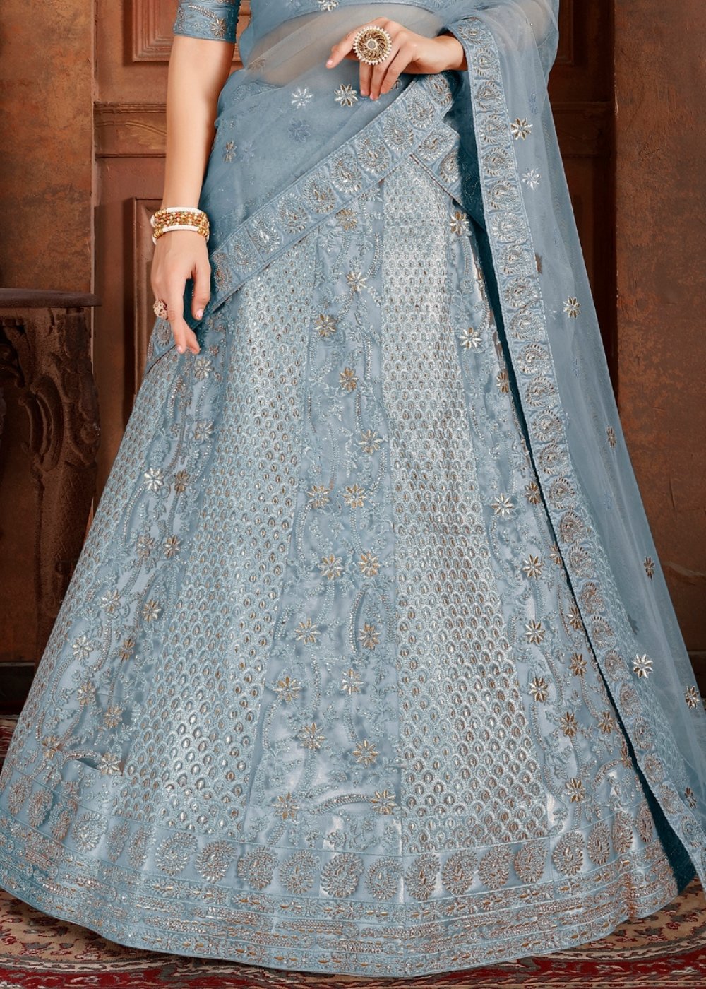 Pigeon Blue Soft Net Lehenga Choli with Thread, Zari, Zarkan & Pearl work