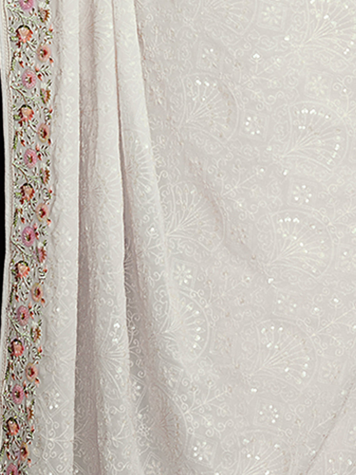 White Georgette Embroidered Saree With Unstitched Blouse