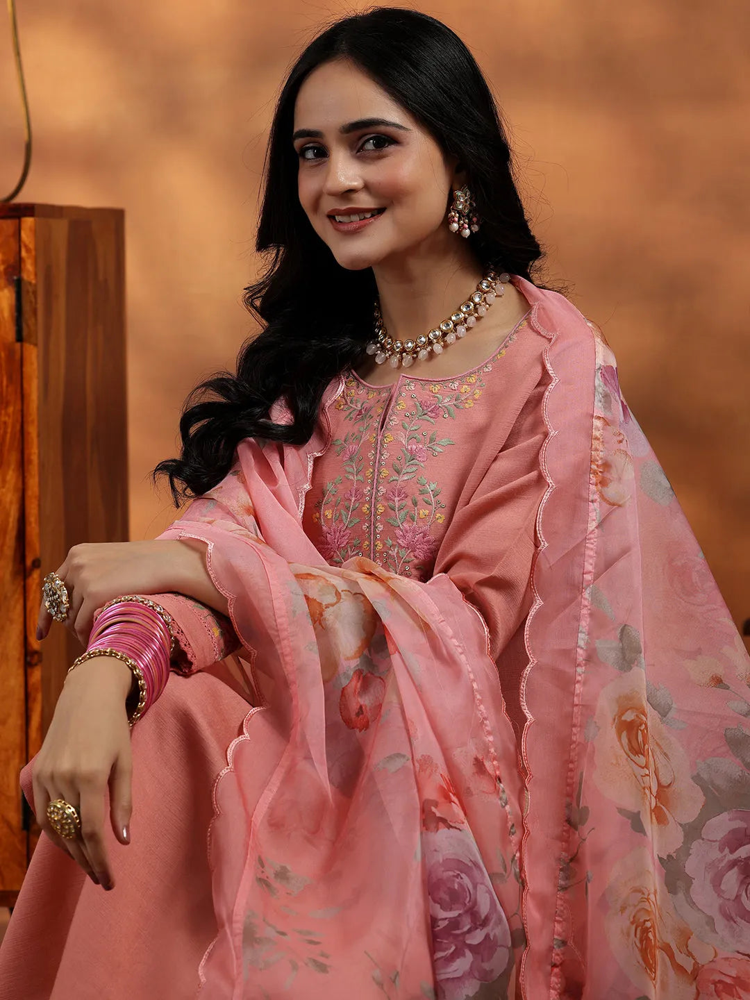 Mameraa Peach Yoke Design Silk Blend Straight Suit With Dupatta