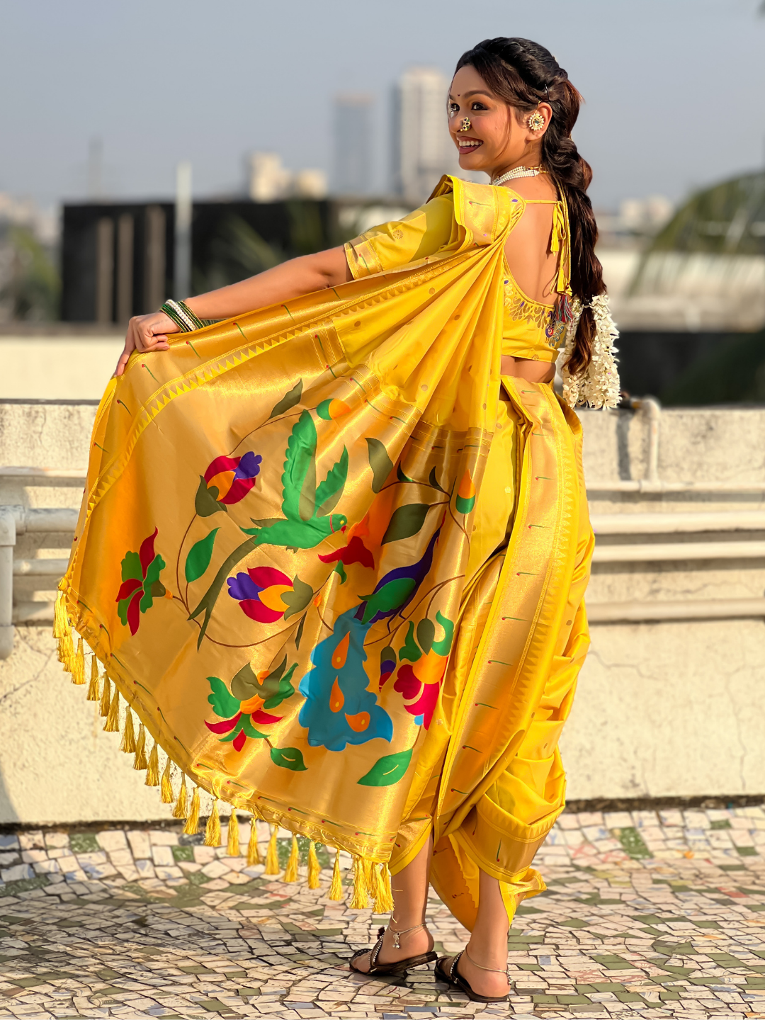 Yellow Wedding Special Nauvari Paithani Soft Silk Saree with Zari Woven Polka Motifs and Peacock Pallu