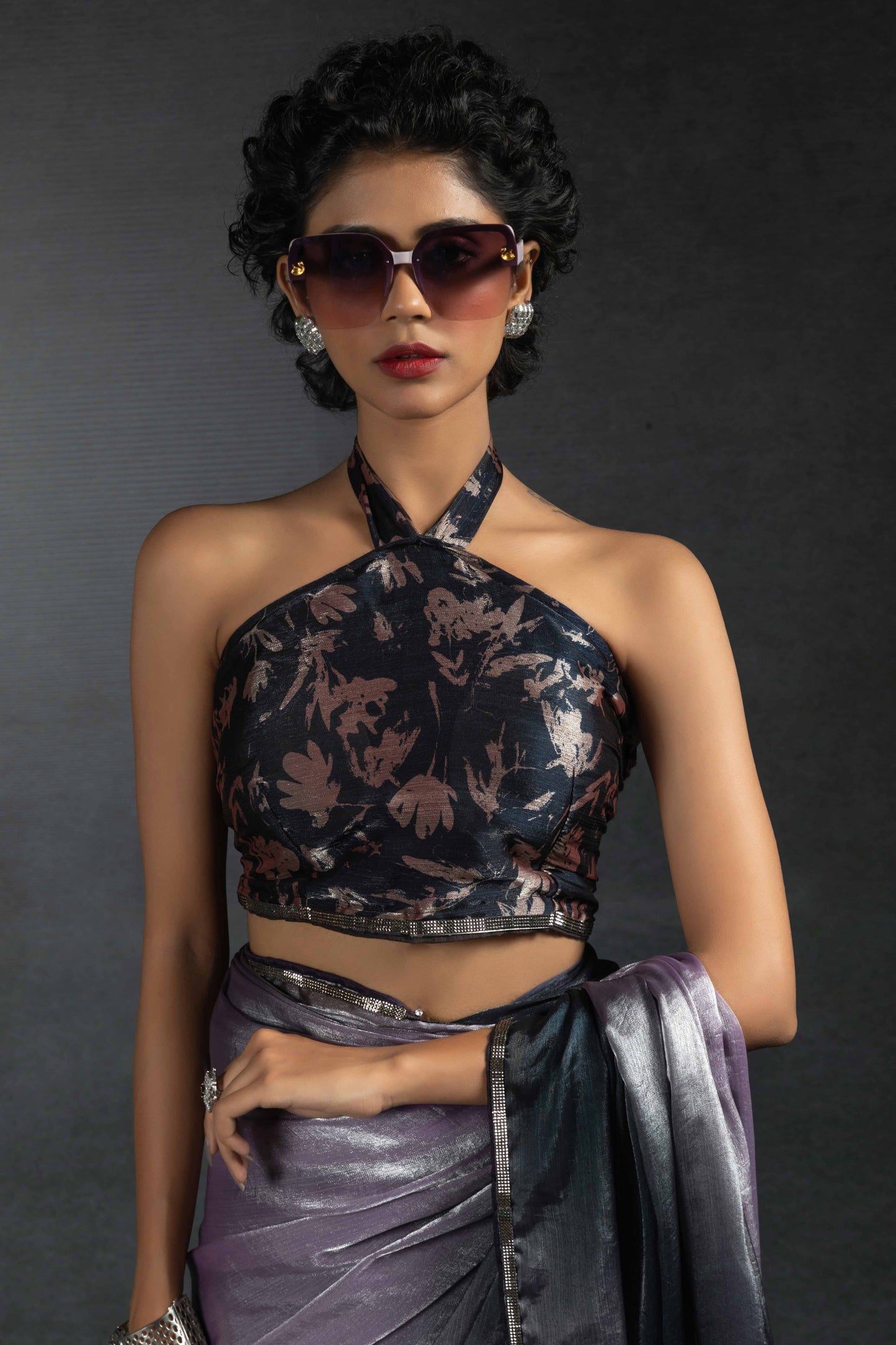 Lavender Solid With Stone Work Satin Silk Ombre Ready To Wear Saree