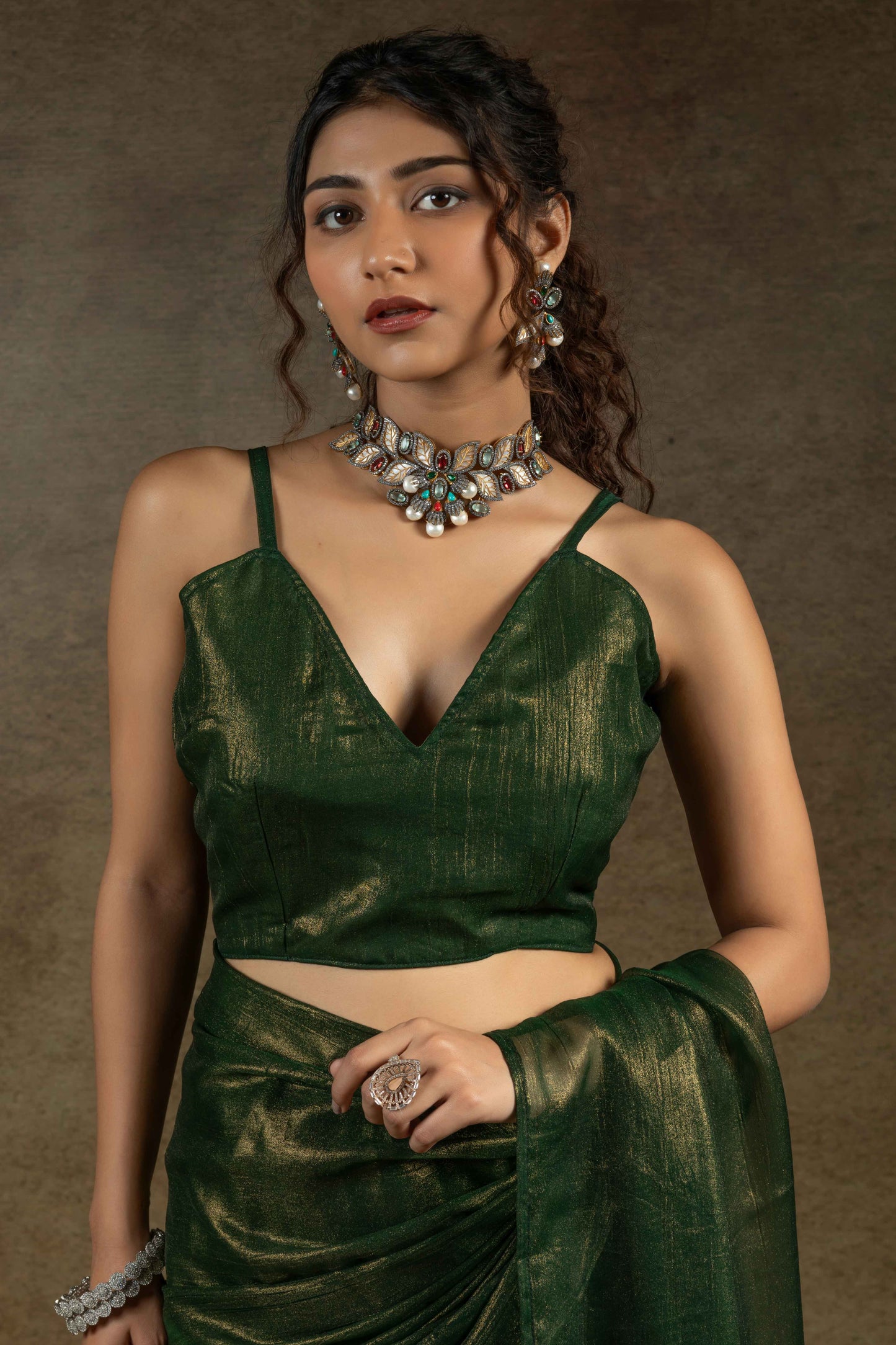 Forest Green Ready-to-Wear Chiffon Saree in Minimal Solid Pattern for a Classy Vibe