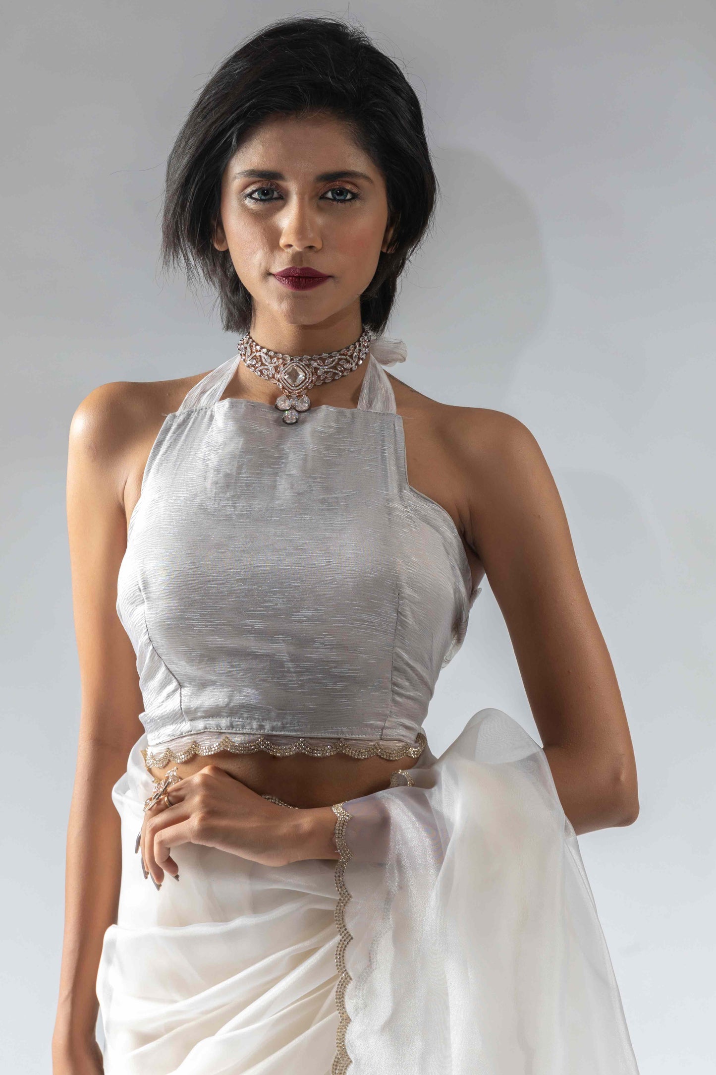 White Solid With Intricate Zarkan Border Organza Ready To Wear Saree