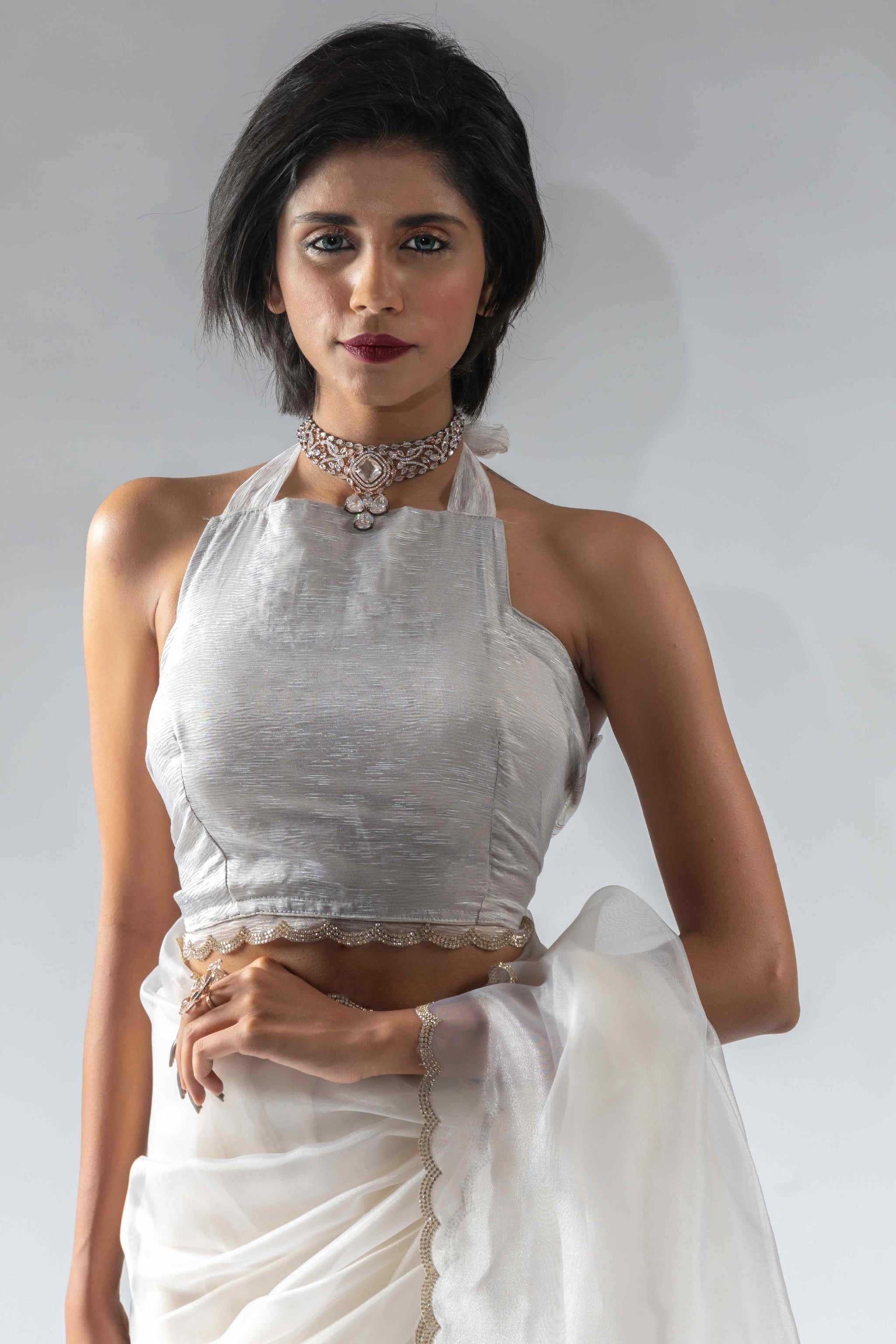 White Solid With Intricate Zarkan Border Organza Ready To Wear Saree