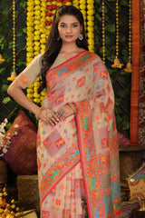 Offwhite Linen Cotton Saree Adorned With Floral Zari Weaving & Tassel Pallu
