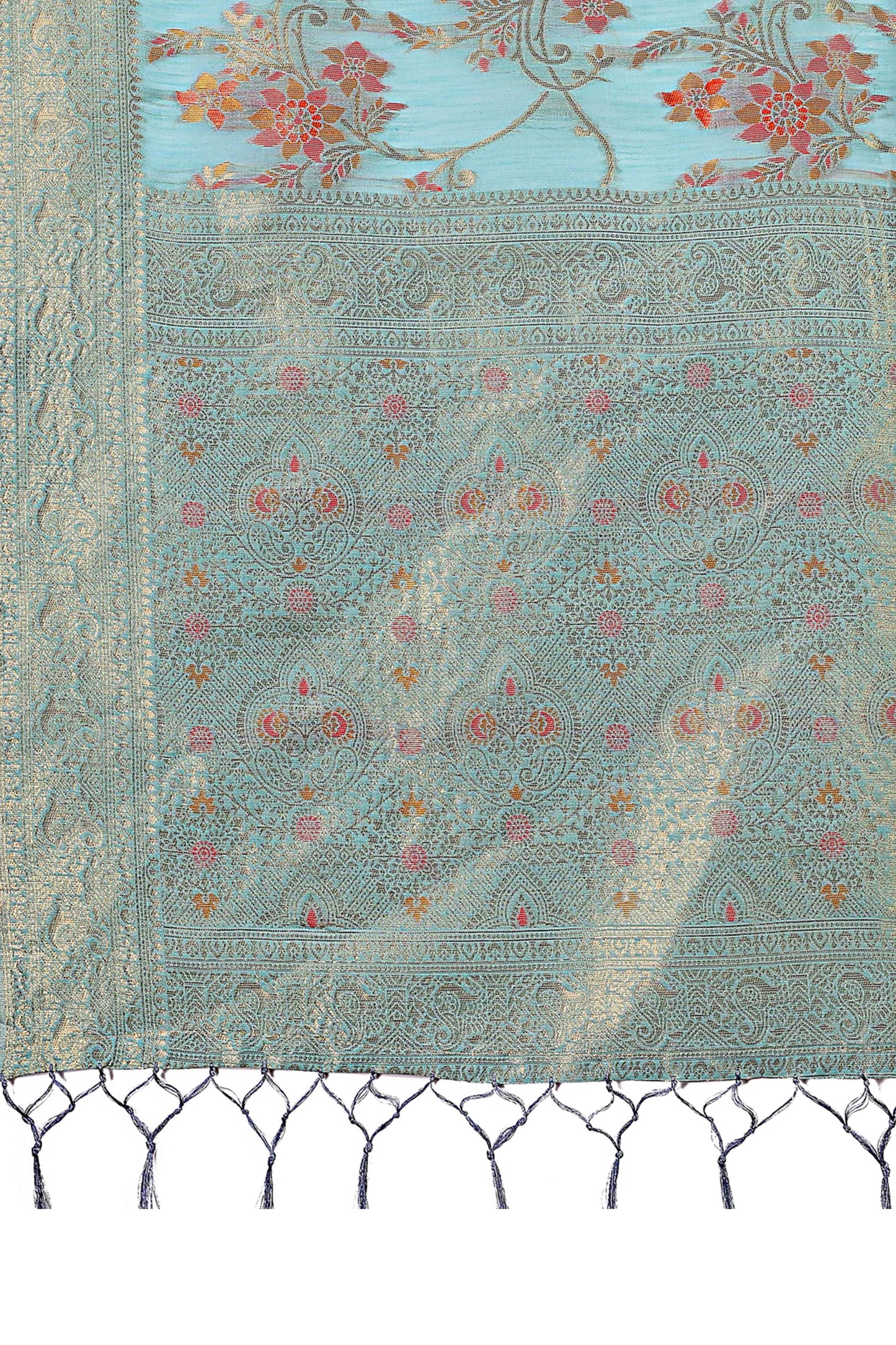 Blue Linen Cotton Saree With Intricate Floral Zari Weving & Tassel Edge