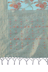 Blue Linen Cotton Saree With Intricate Floral Zari Weving & Tassel Edge