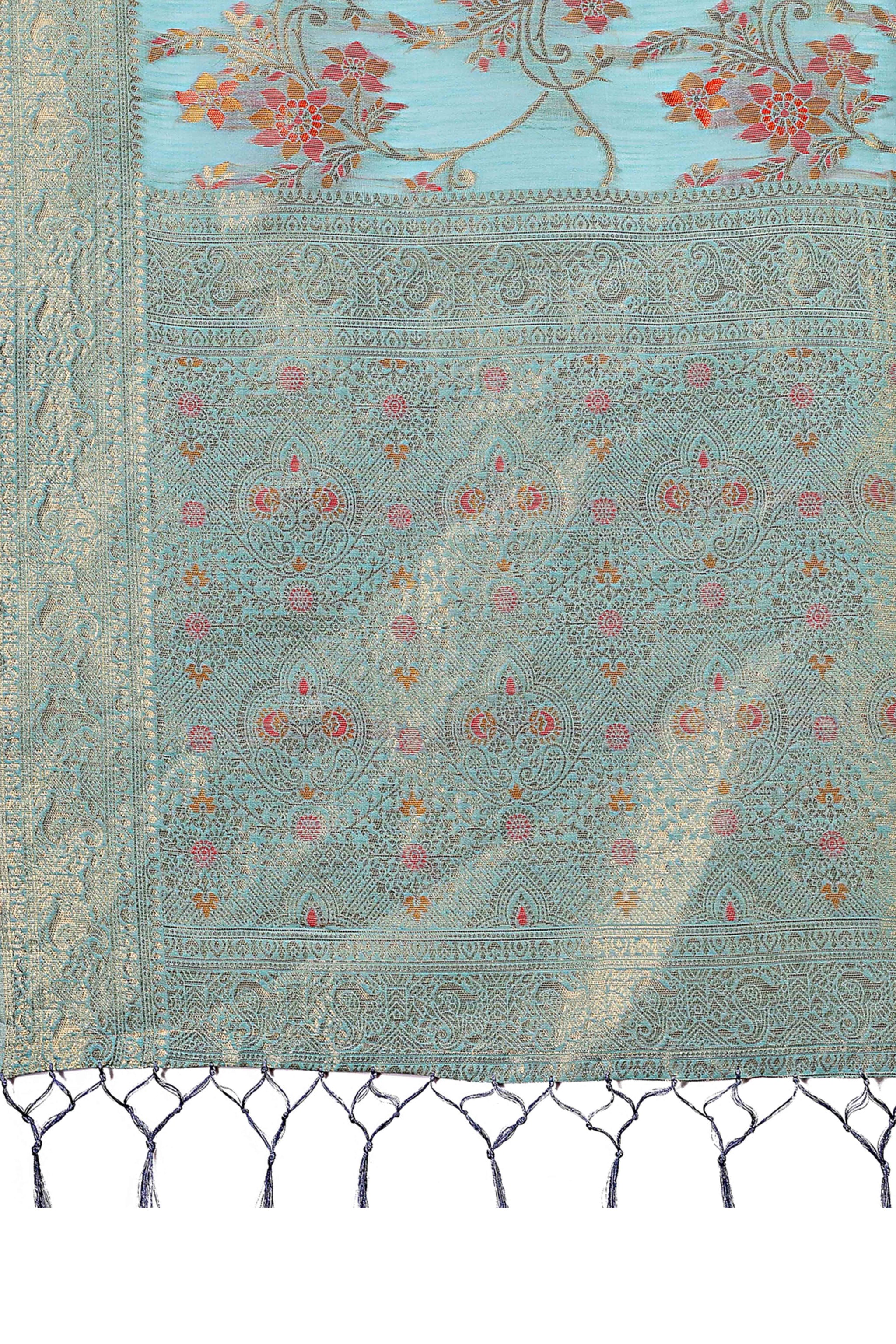 Blue Linen Cotton Saree With Intricate Floral Zari Weving & Tassel Edge